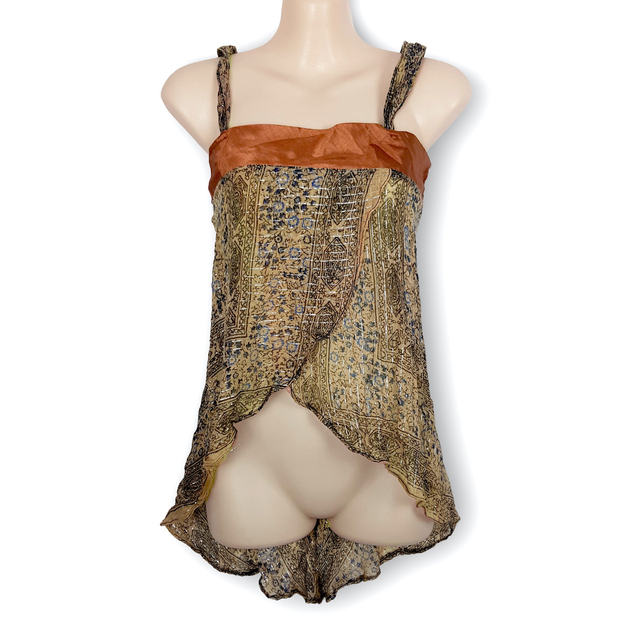 NWT Vintage Boho Beige Brown Metallic Silver Fairy Blouse Top Bikini Beach Sexy