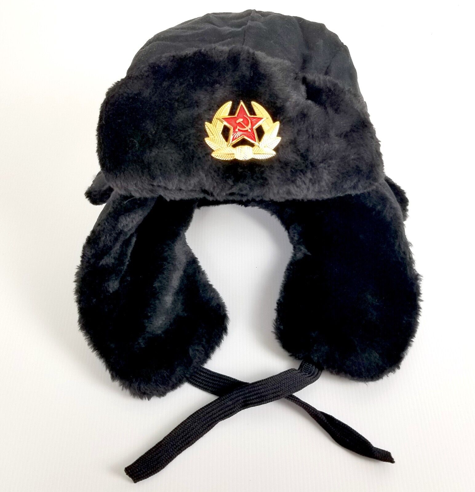 Black Ushanka Trapper Hat Star Badge Faux Fur Cossack Ear Flaps Russian Warm Cap