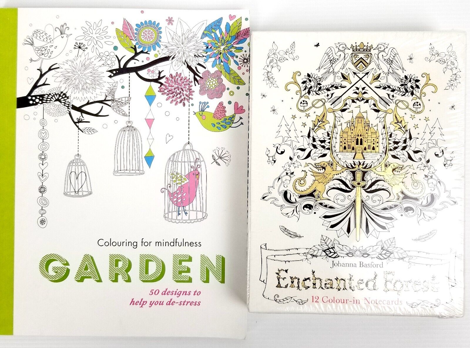 2pc: Garden Colouring Book & Enchanted Forest 12 Colour-In Notecards J. Basford