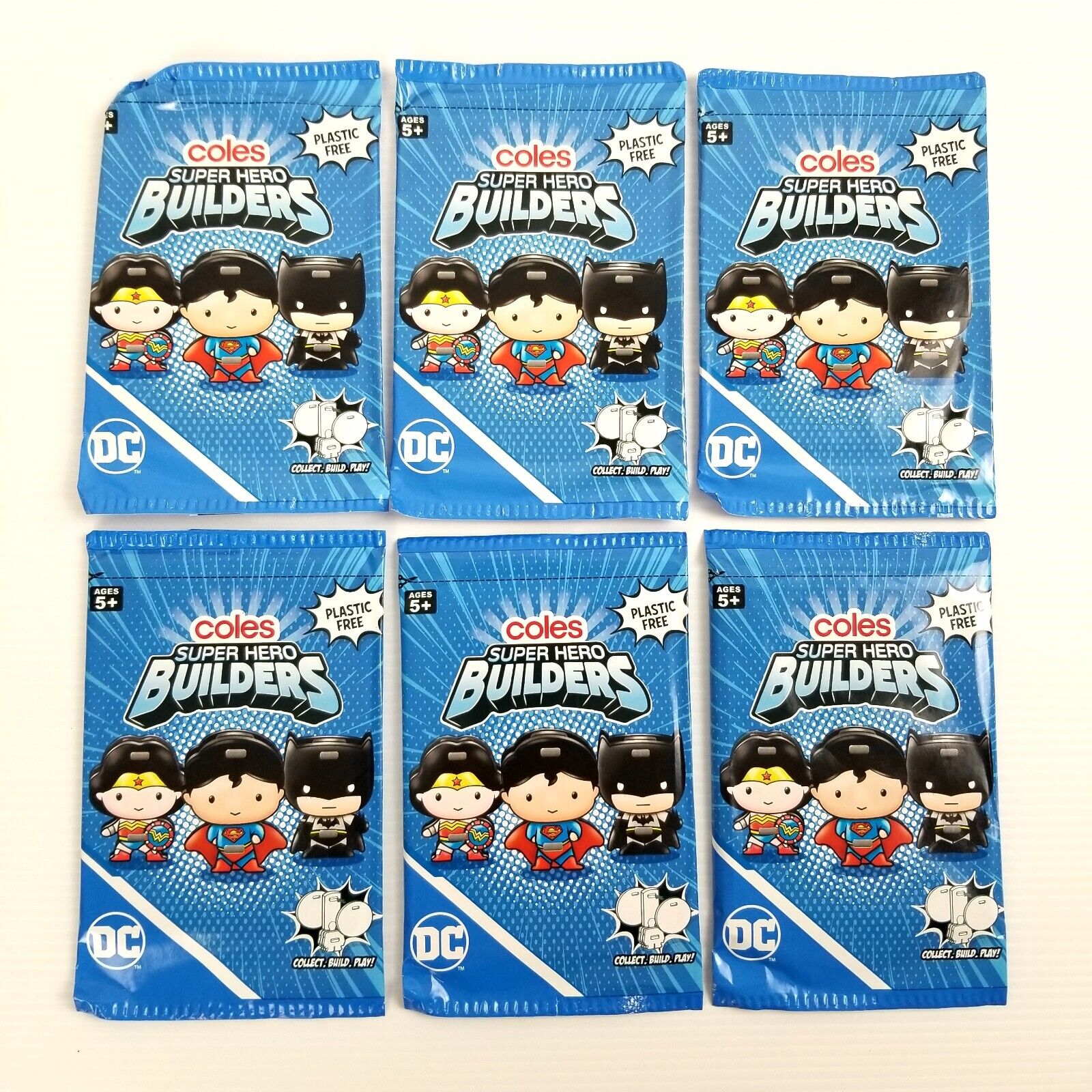 6x Coles DC Super Hero Builders Collectible Trading Cards, New & Sealed