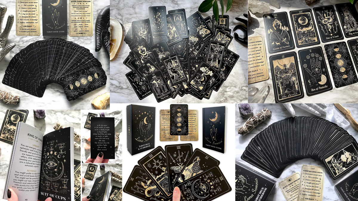 Shores Of Moon Luna Somnia Tarot Deck con guía y caja – 78 cartas de cubierta completa Starry Dreams Celestial Astrology Witchy Black Divination Tool Shores Of Moon Luna Somnia Tarot Deck con guía y caja – 78 cartas de cubierta completa Starry Dreams Celestial Astrology Witchy Black Divination Tool