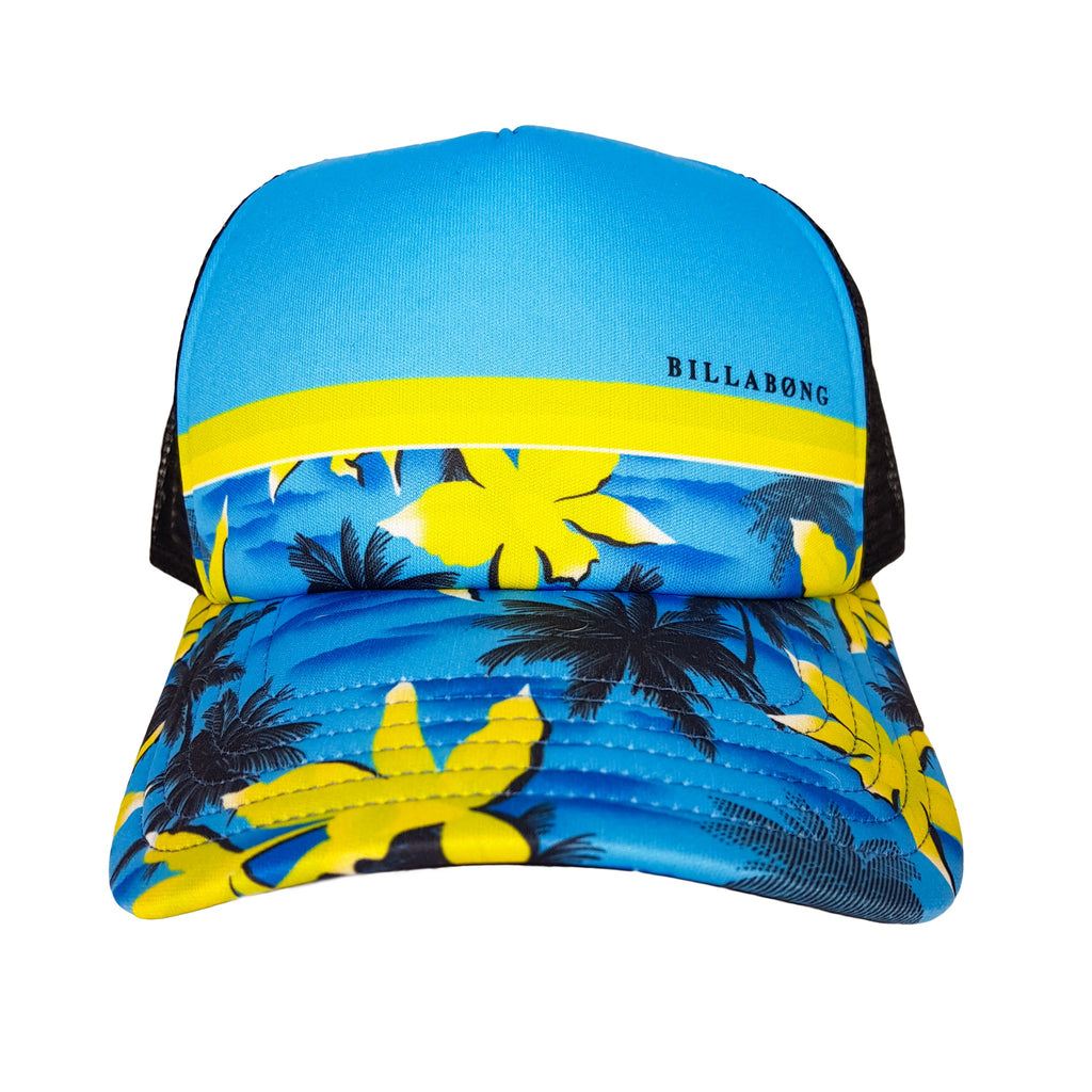 Billabong Tropical Palm Blue Yellow Trucker Cap Beach Adjustable Snapback Hat