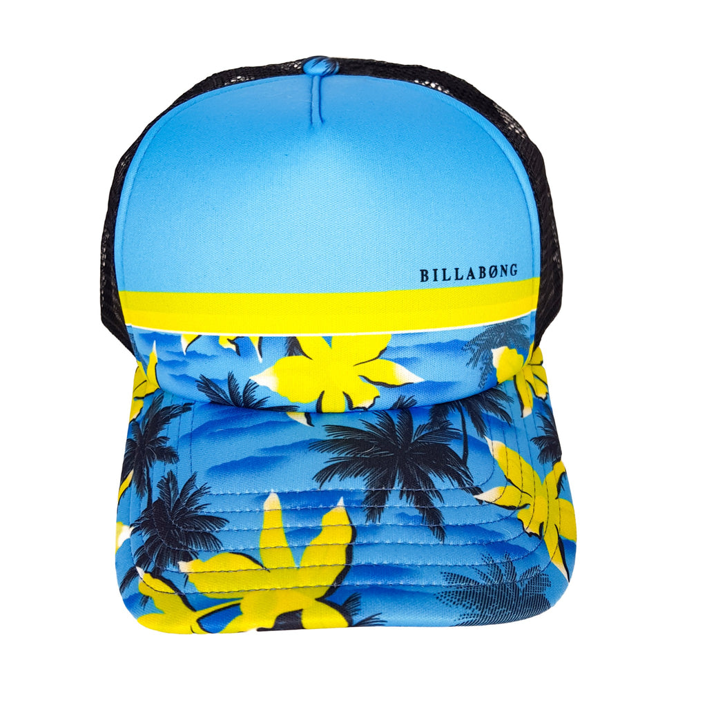 Billabong Tropical Palm Blue Yellow Trucker Cap Beach Adjustable Snapback Hat