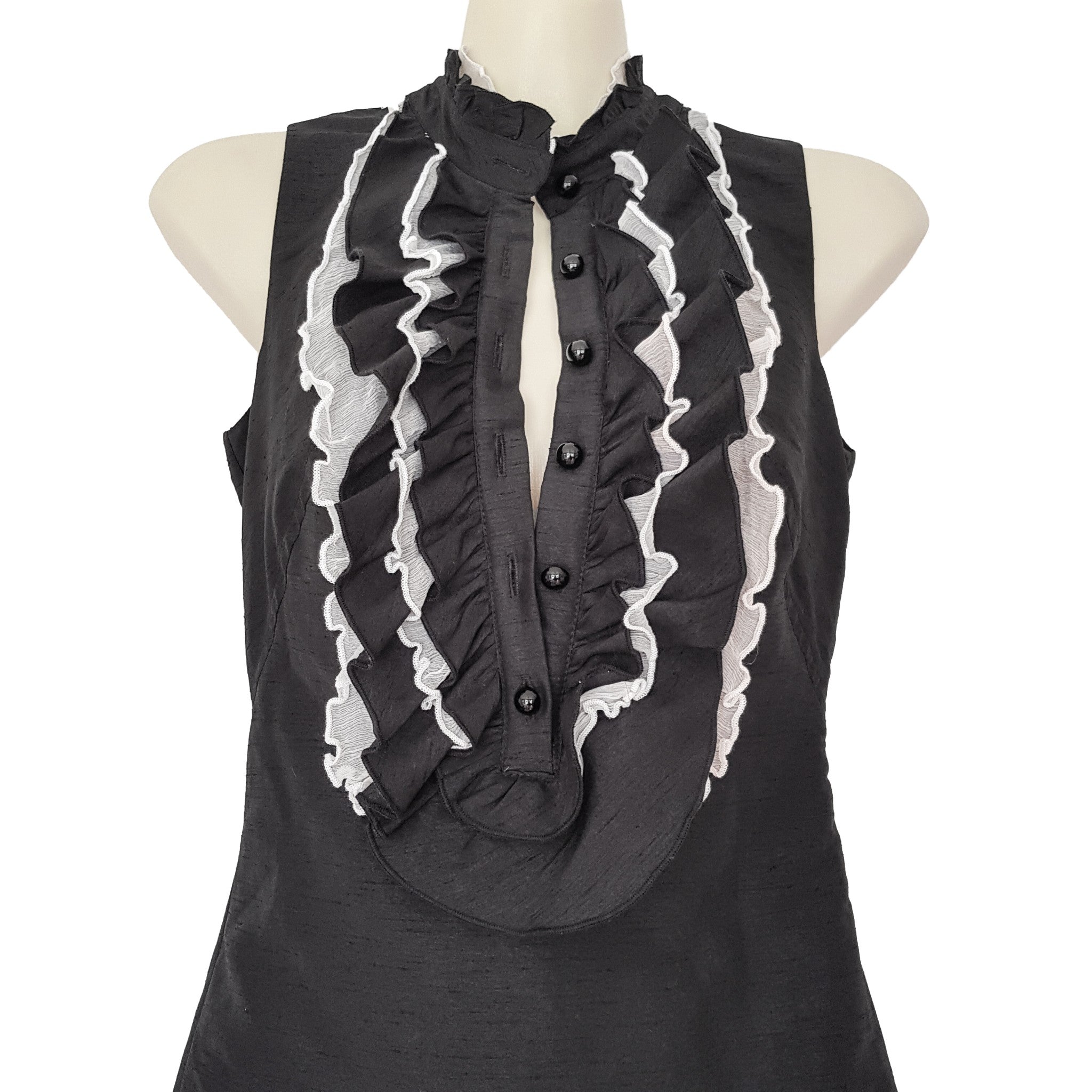 PILGRIM Eva Fantasy Dress Black White Silk Ruffle Sleeveless Sheath Dress Party
