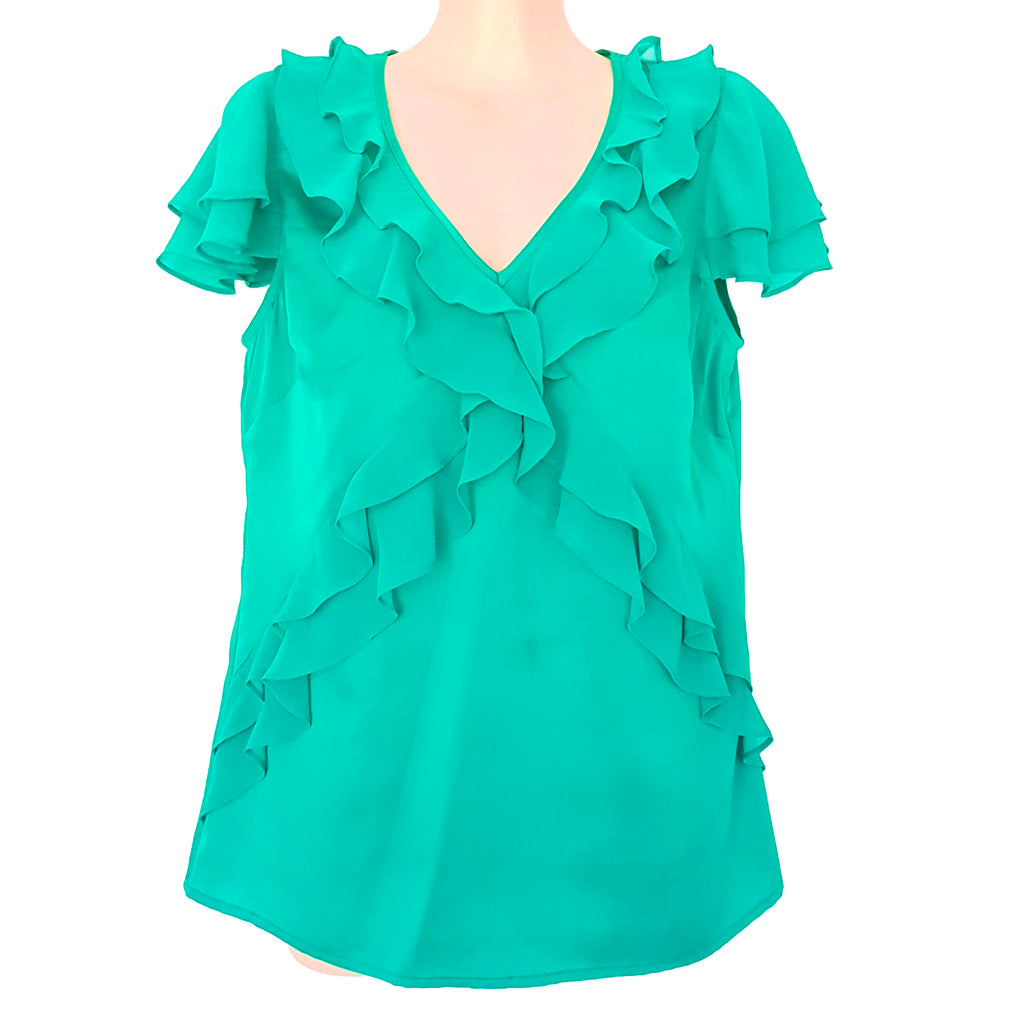 Diana Ferrari Satin Green Ruffle Blouse 10 M Top V-Neck Short Sleeves Workwear