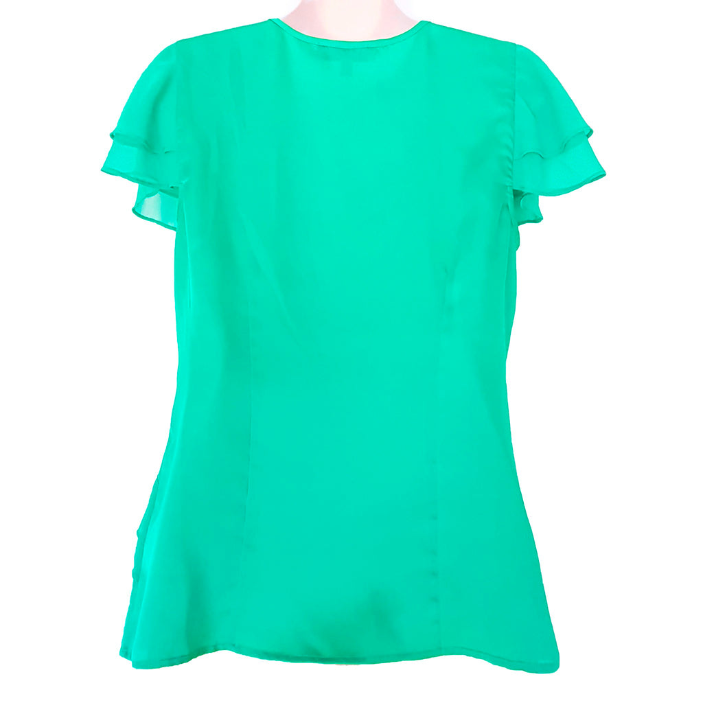 Diana Ferrari Satin Green Ruffle Blouse 10 M Top V-Neck Short Sleeves Workwear