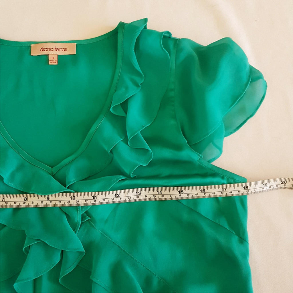 Diana Ferrari Satin Green Ruffle Blouse 10 M Top V-Neck Short Sleeves Workwear