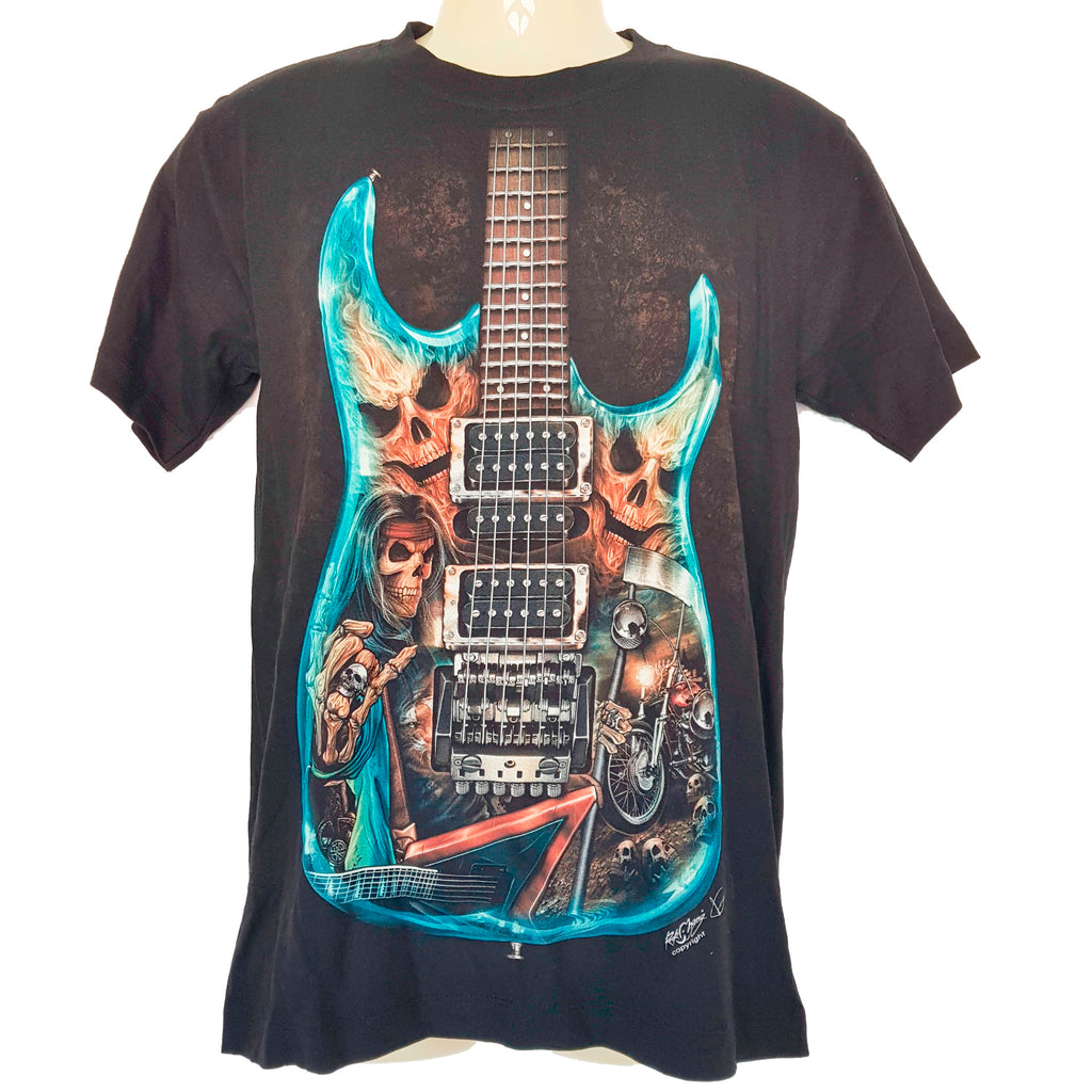 Rock Chang Black Guitar Skull Rock & Roll Skeletons Heavy Metal T-Shirt Men's S