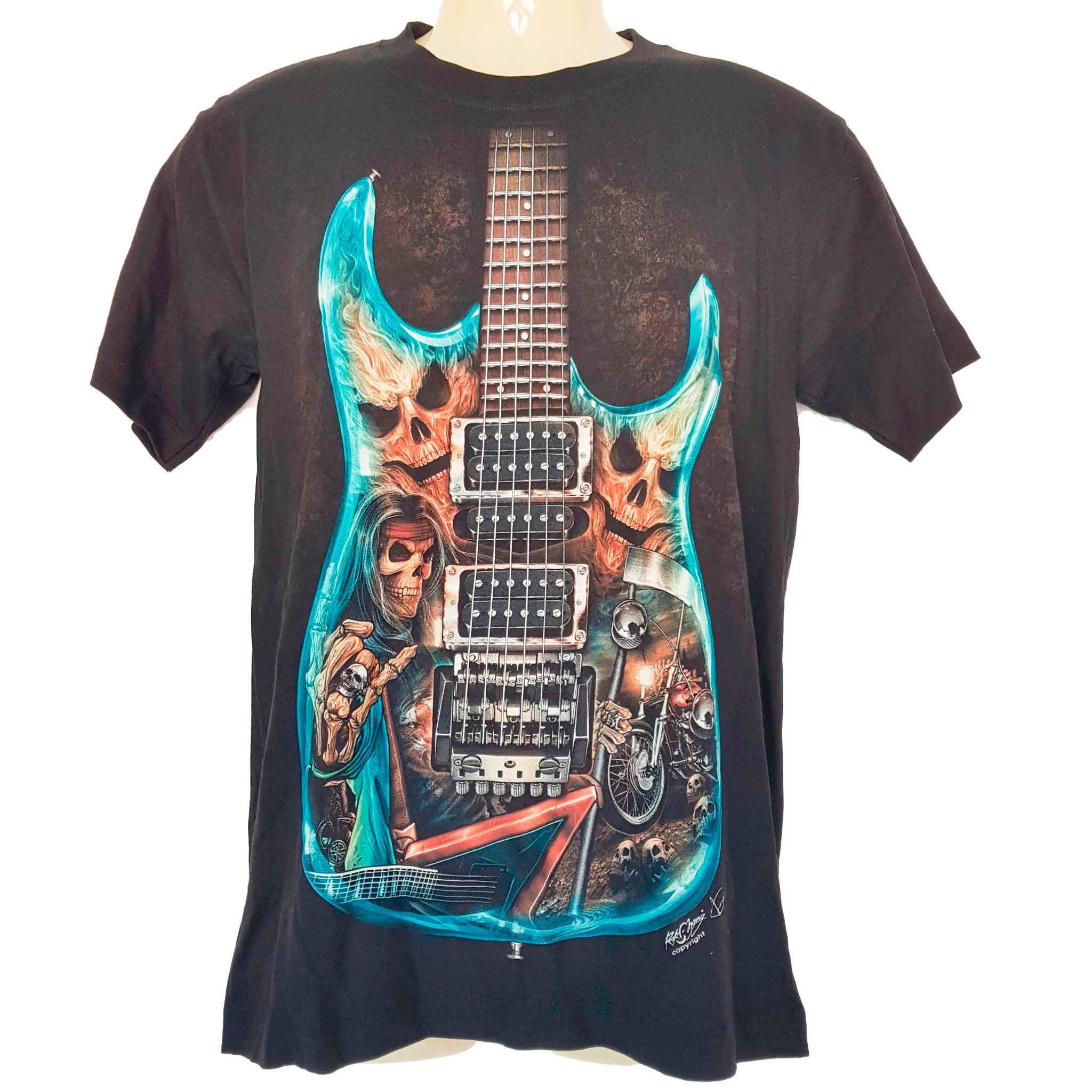 Rock Chang Black Guitar Skull Rock & Roll Skeletons Heavy Metal T-Shirt Men's S