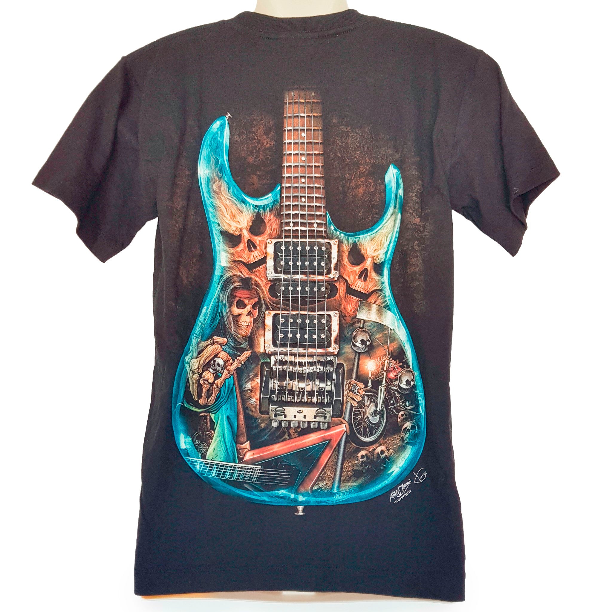 Rock Chang Black Guitar Skull Rock & Roll Skeletons Heavy Metal T-Shirt Men's S