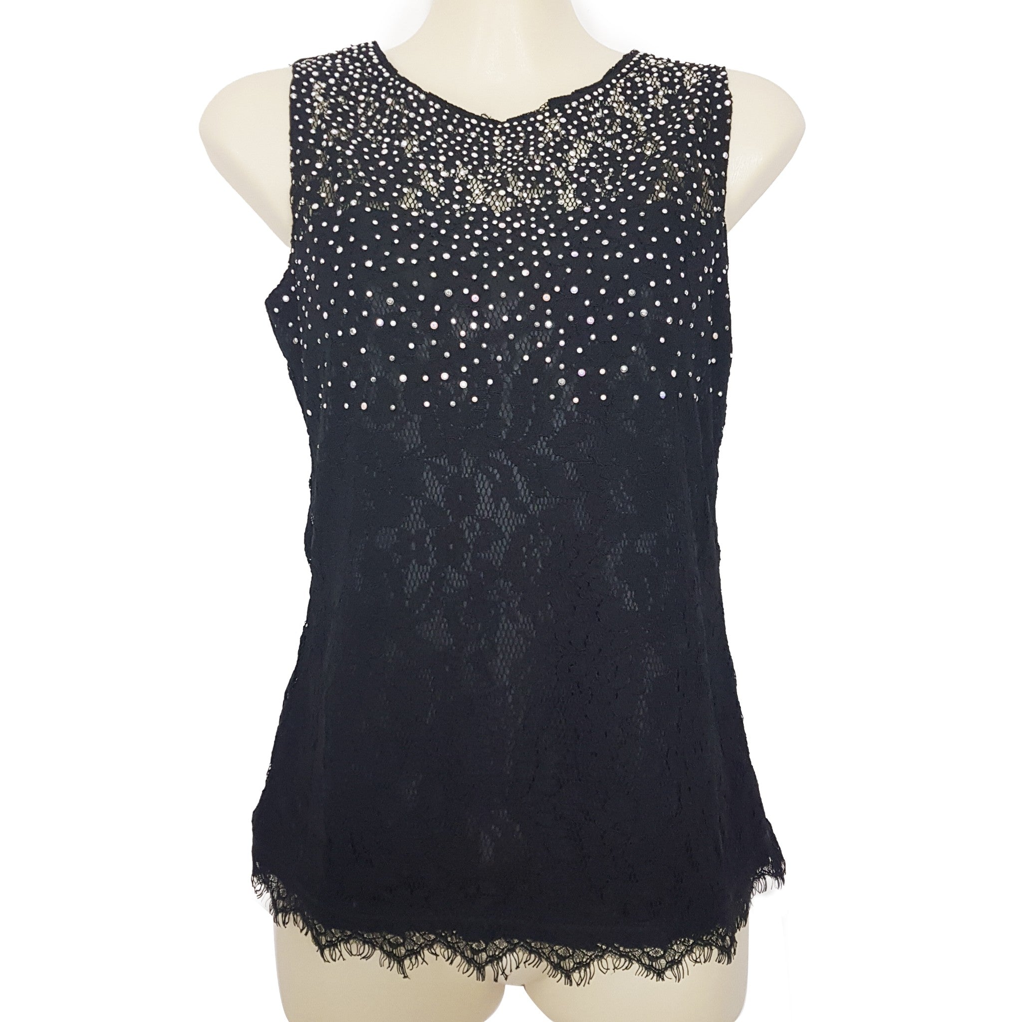 Forcast Black Lace Shiny Diamante Floral Sleeveless Blouse Top Size 4 XXS Petite