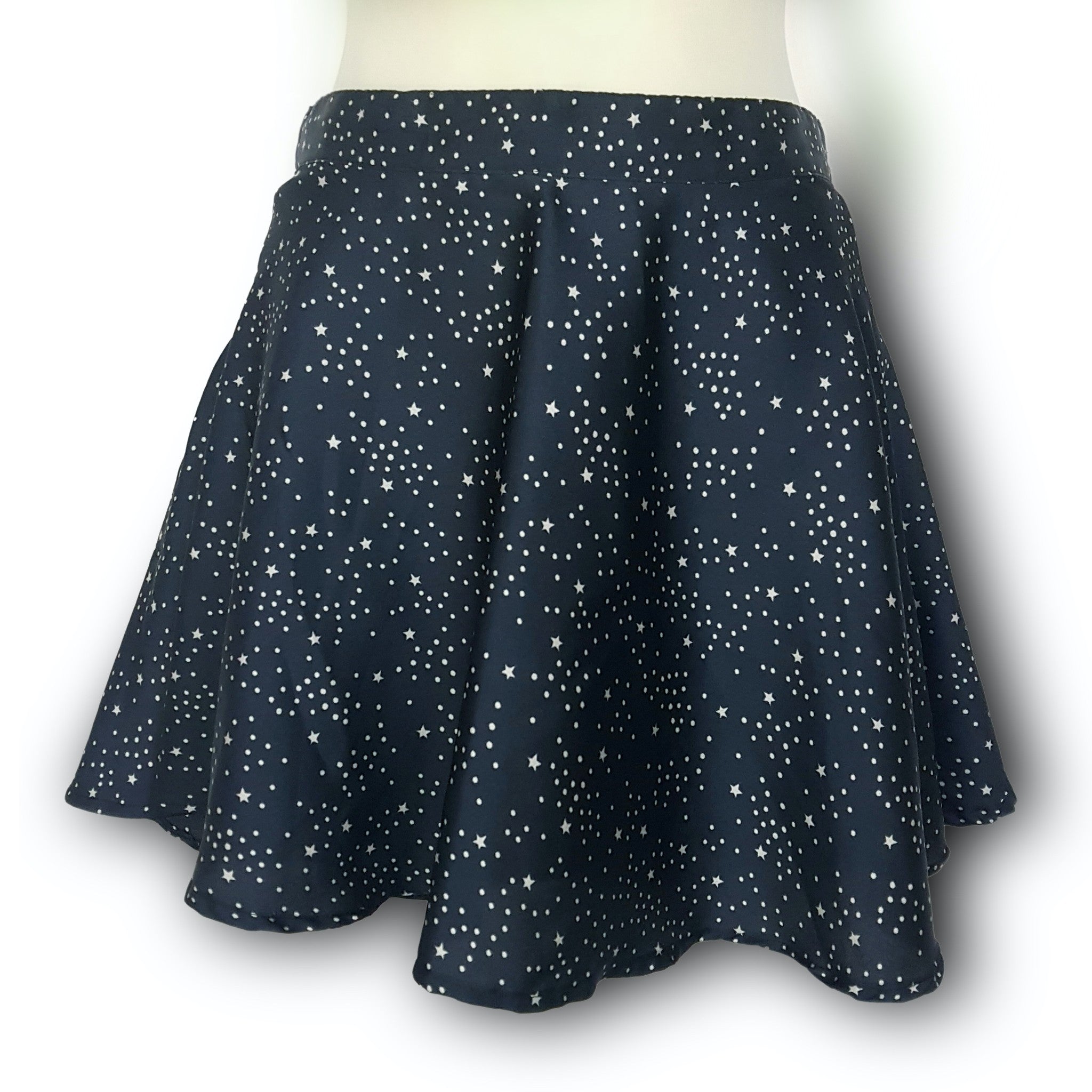 Humming Satin Skater Skirt XXS Navy Blue Stars Dots Women's Flare Flowy Mini