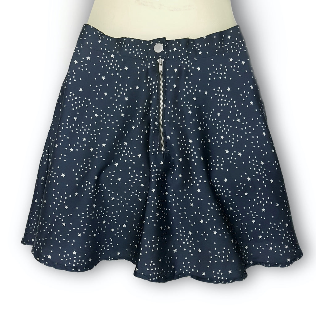 Humming Satin Skater Skirt XXS Navy Blue Stars Dots Women's Flare Flowy Mini