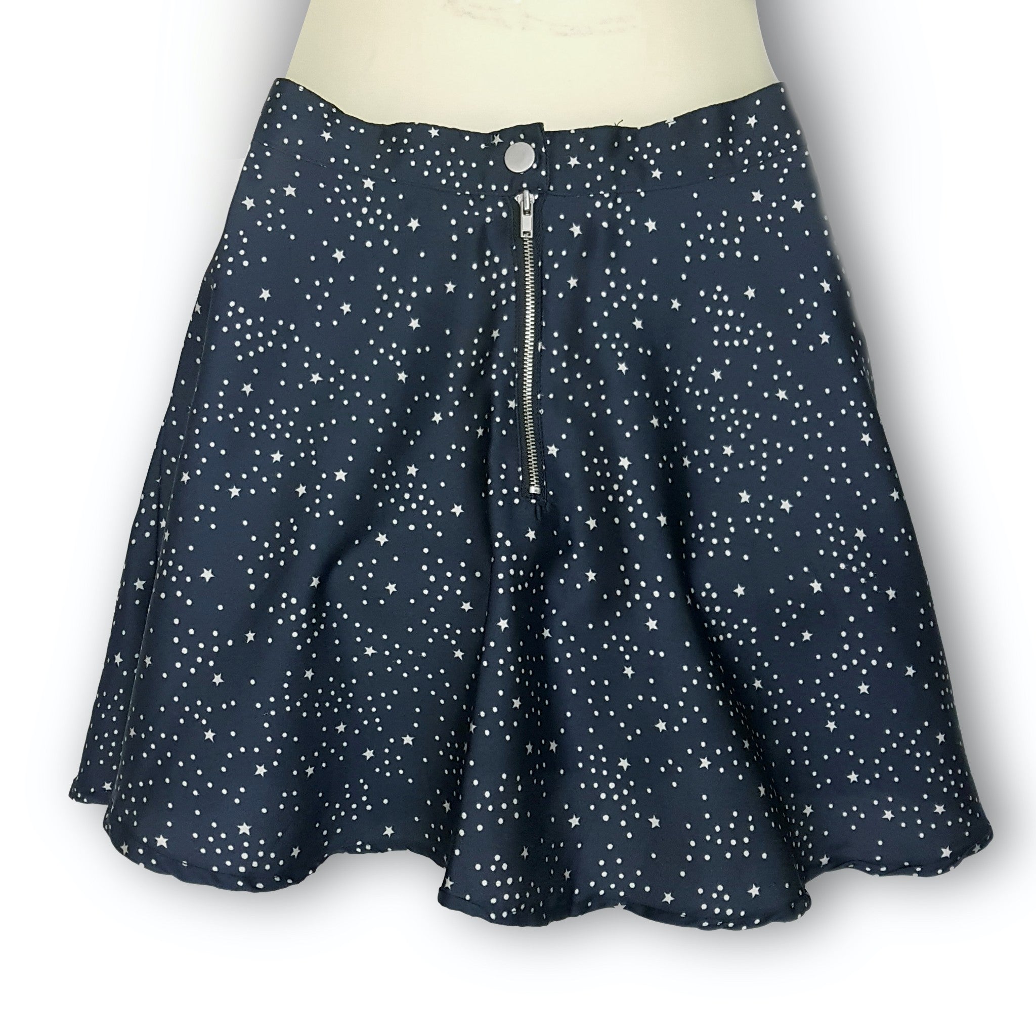 Humming Satin Skater Skirt XXS Navy Blue Stars Dots Women's Flare Flowy Mini