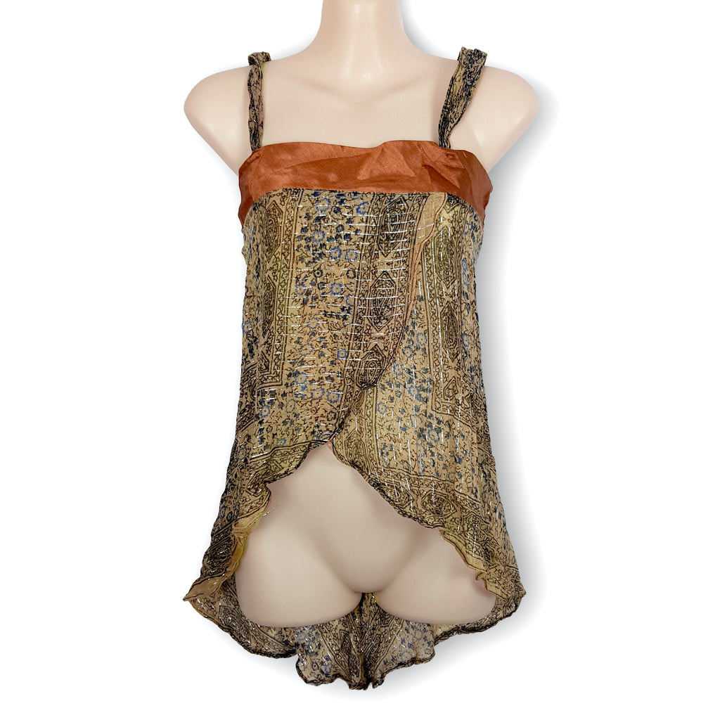 NWT Vintage Boho Beige Brown Metallic Silver Fairy Blouse Top Bikini Beach Sexy
