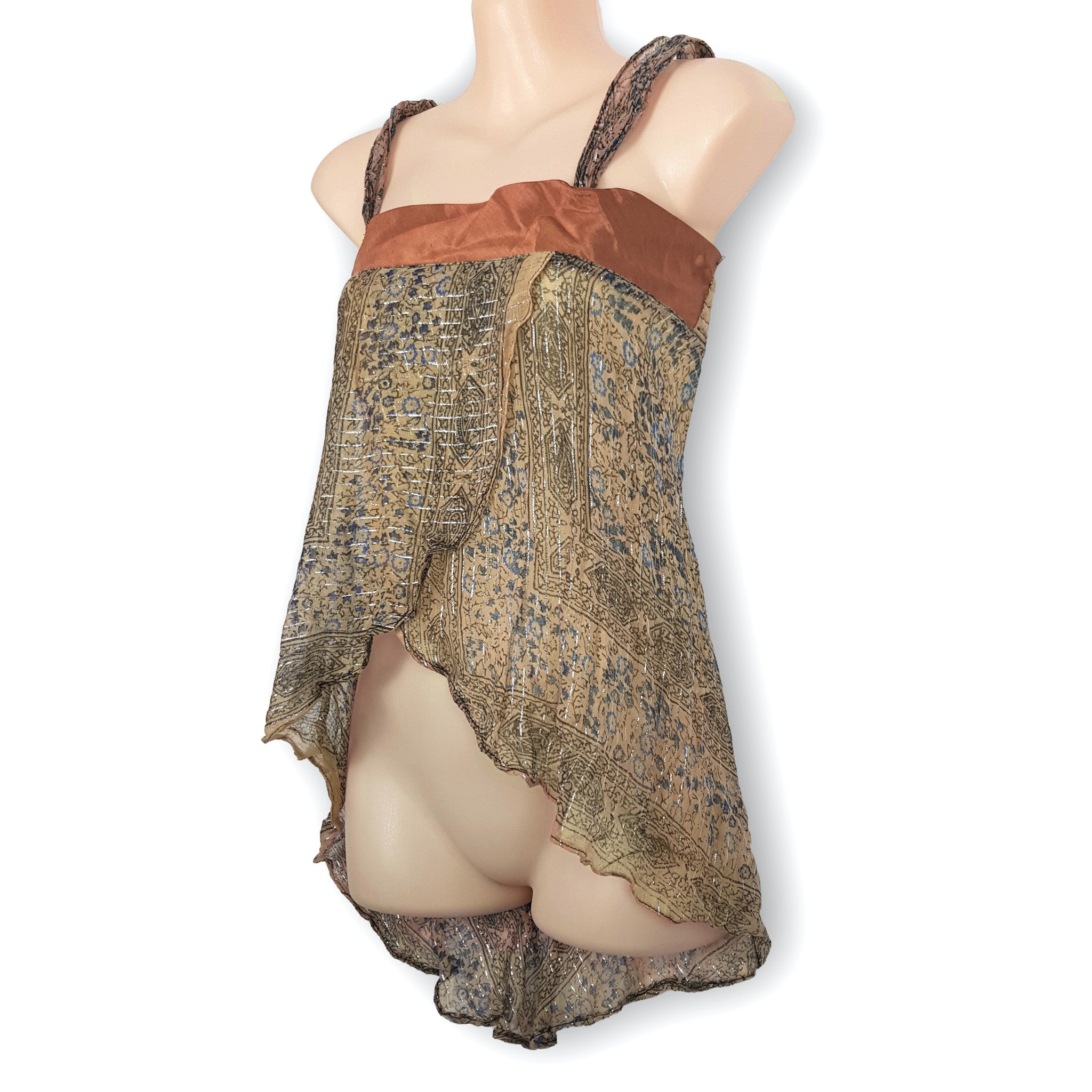 NWT Vintage Boho Beige Brown Metallic Silver Fairy Blouse Top Bikini Beach Sexy