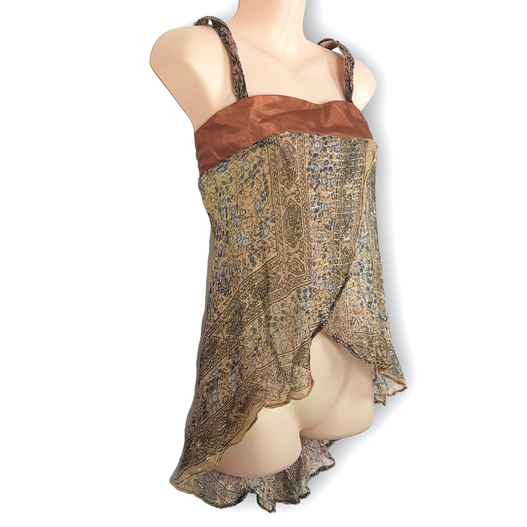 NWT Vintage Boho Beige Brown Metallic Silver Fairy Blouse Top Bikini Beach Sexy