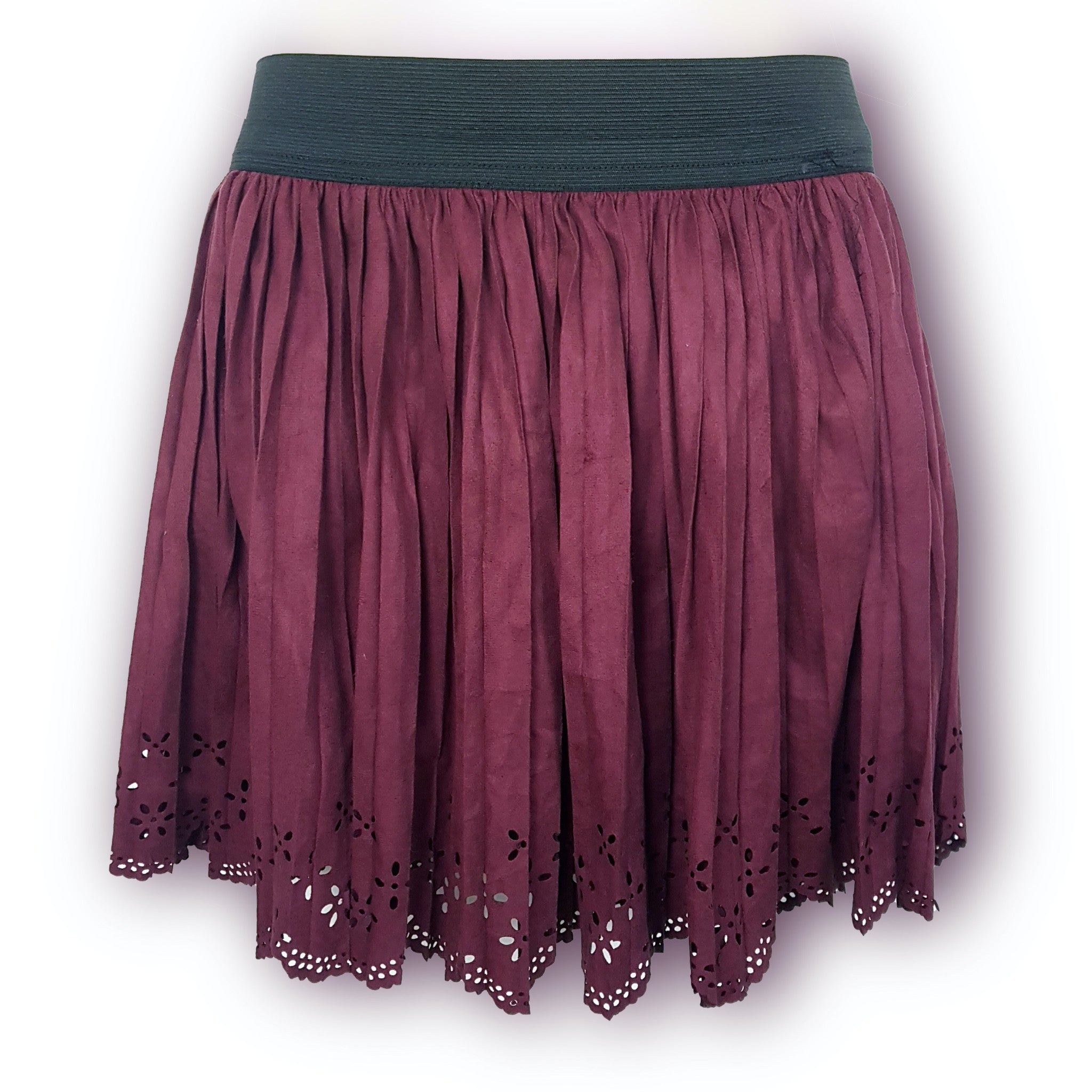 Rose Baur Mini Skirt Small Maroon Burgundy Red Suede Elastic Waist Cutout Eyelet