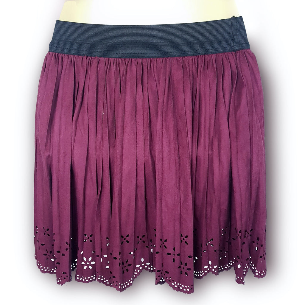 Rose Baur Mini Skirt Small Maroon Burgundy Red Suede Elastic Waist Cutout Eyelet