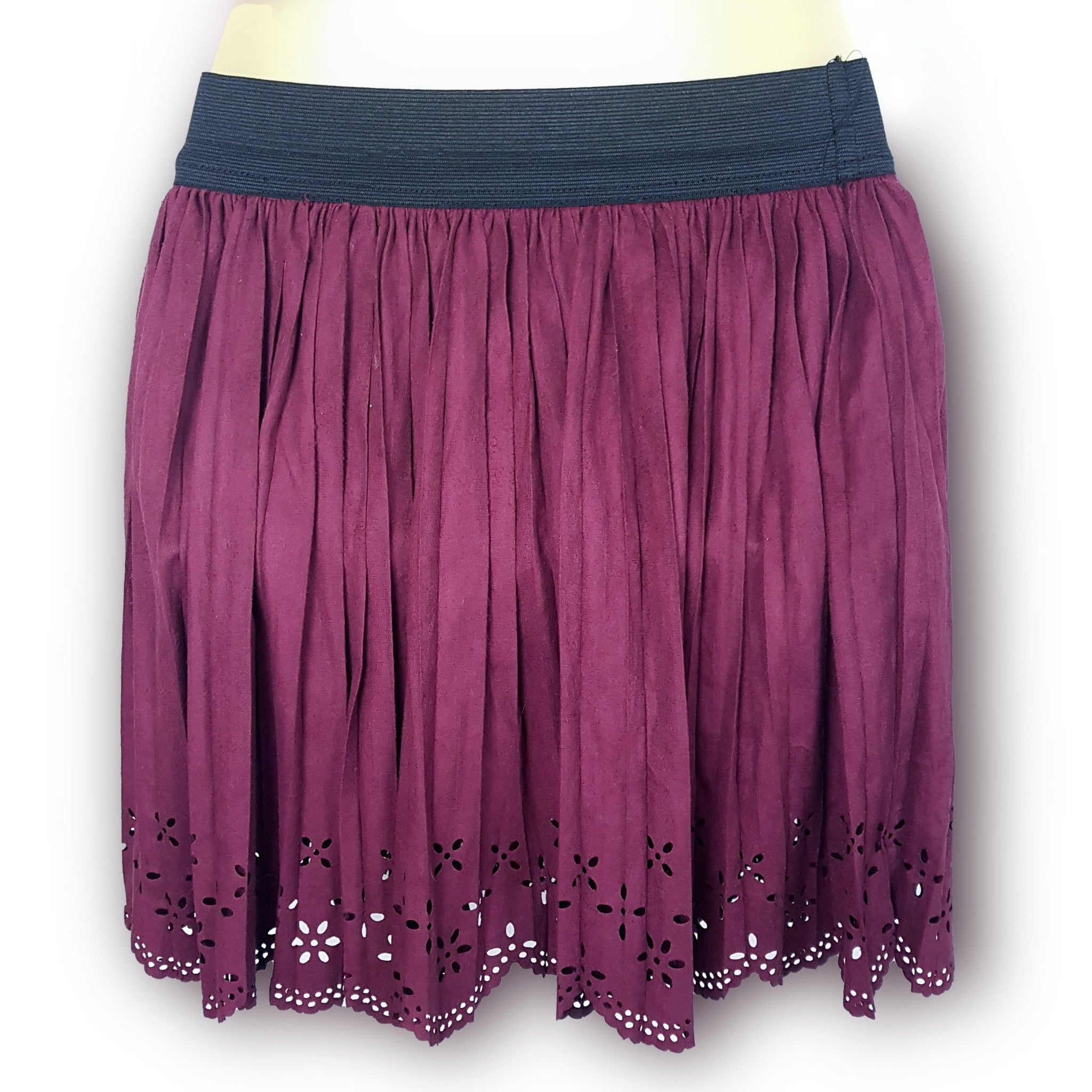 Rose Baur Mini Skirt Small Maroon Burgundy Red Suede Elastic Waist Cutout Eyelet