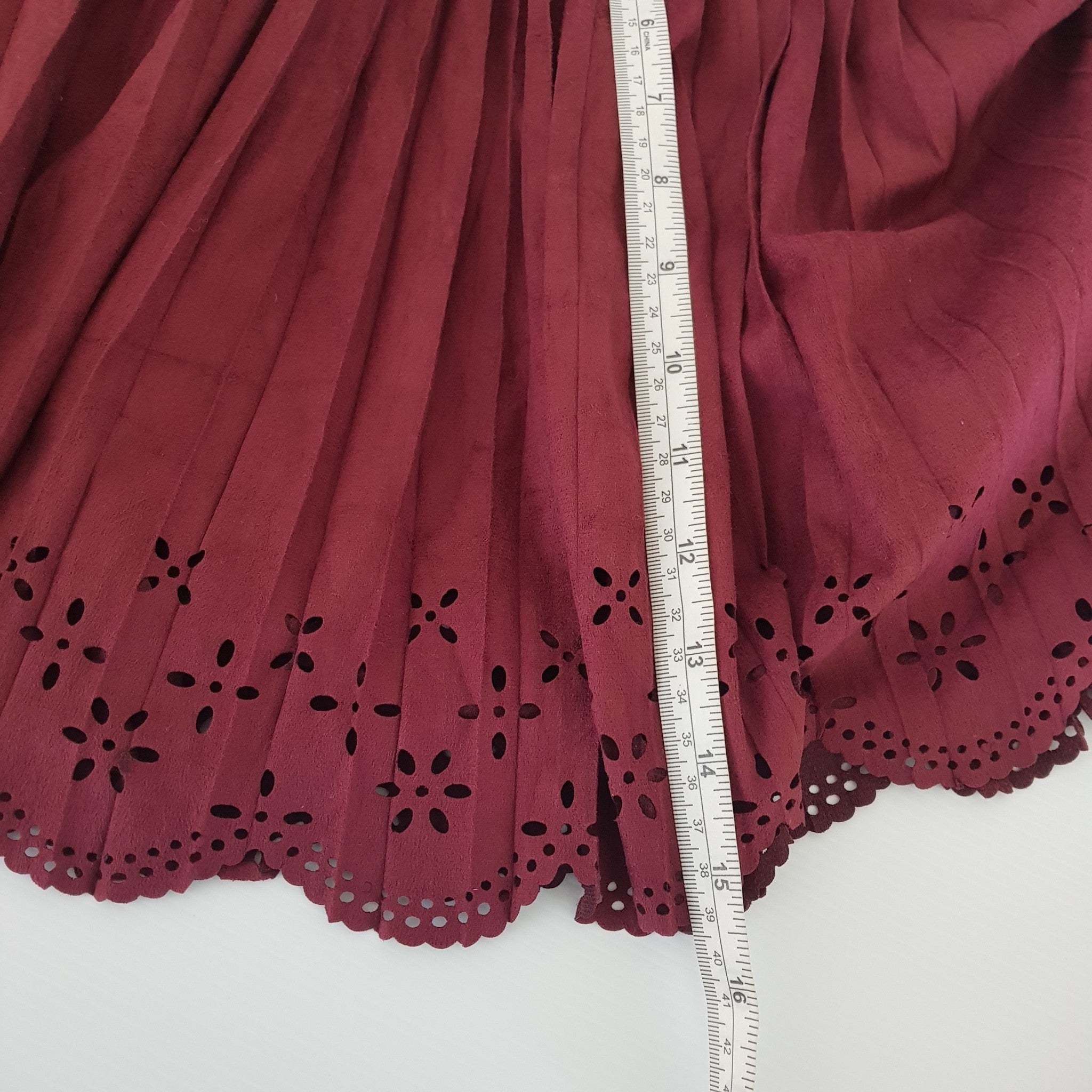 Rose Baur Mini Skirt Small Maroon Burgundy Red Suede Elastic Waist Cutout Eyelet