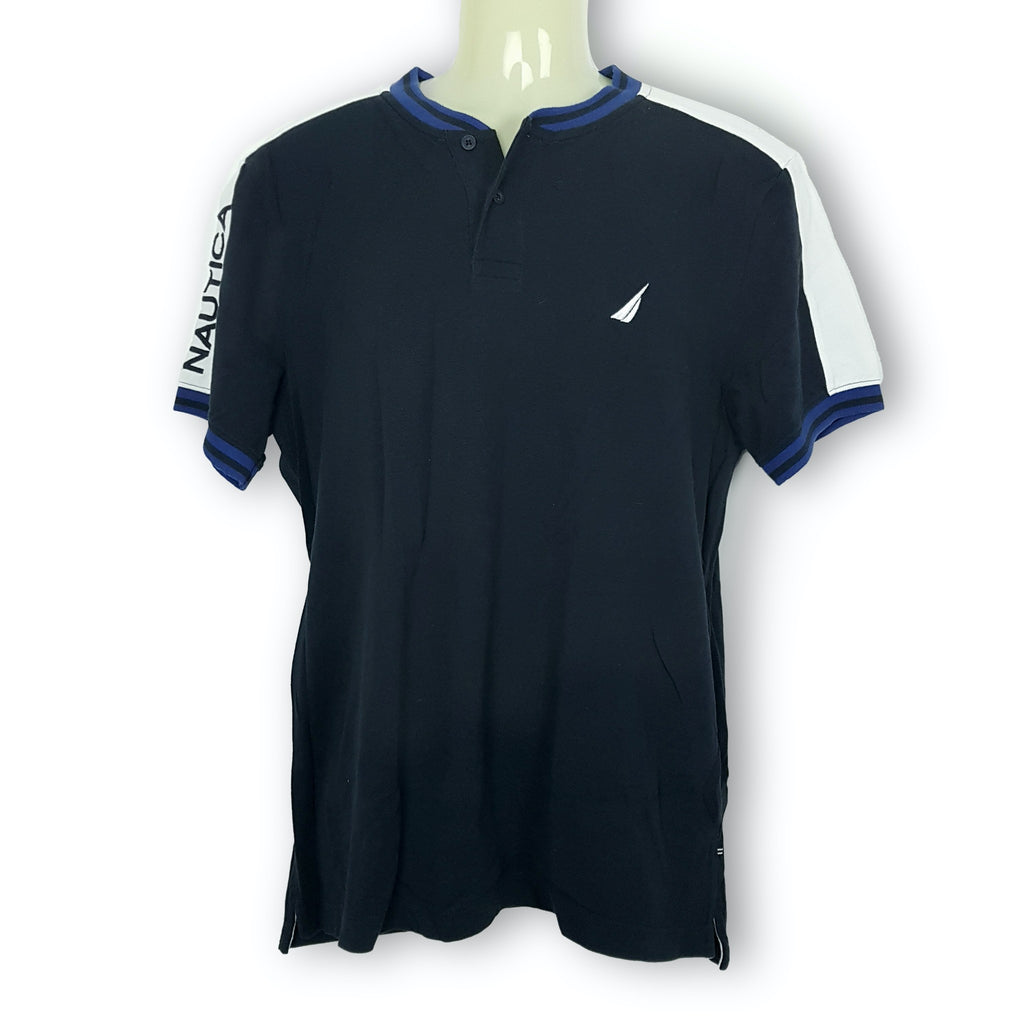 Nautica Casual Navy Blue White Short Sleeve Men's Collared Polo Shirt Top Medium