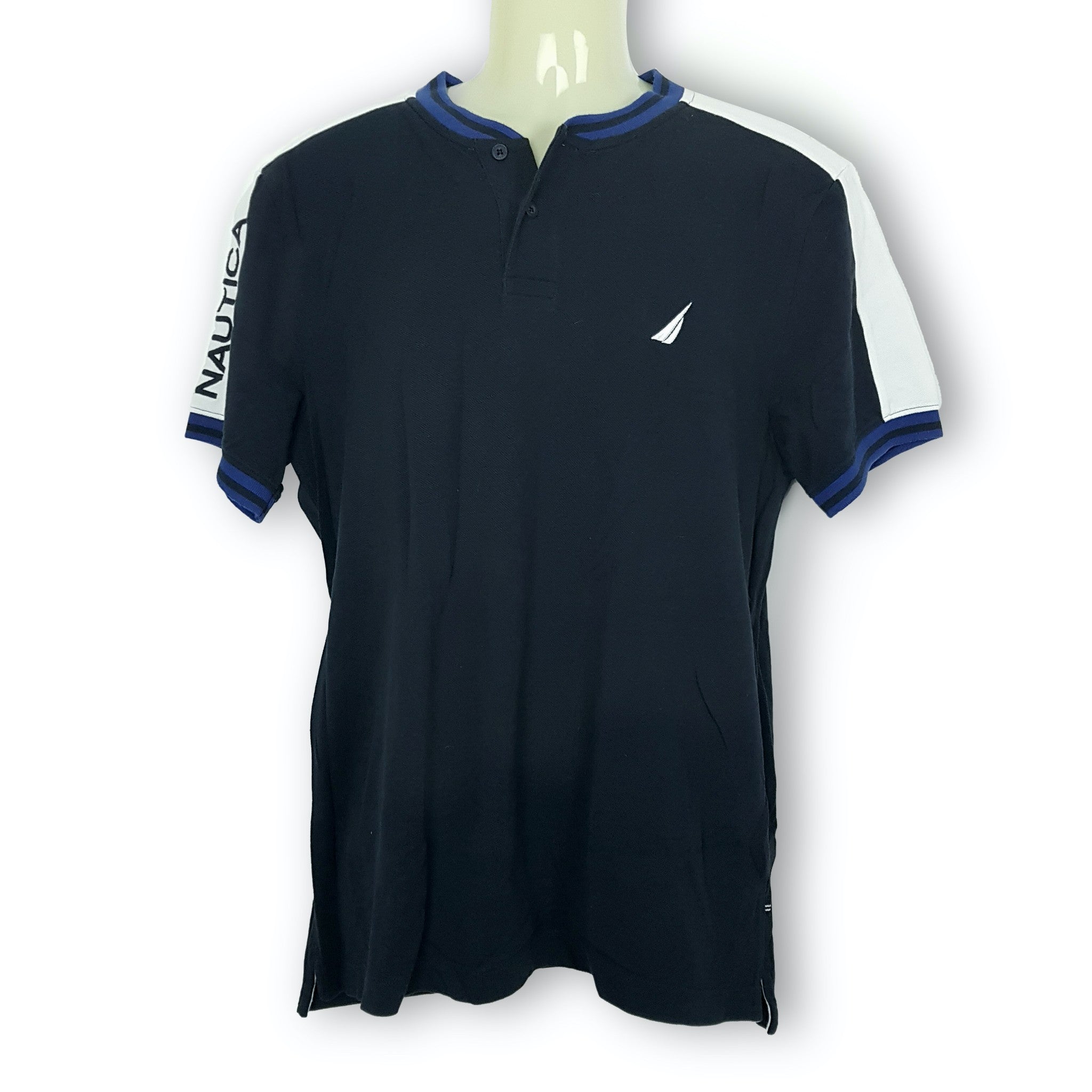 Nautica Casual Navy Blue White Short Sleeve Men's Collared Polo Shirt Top Medium