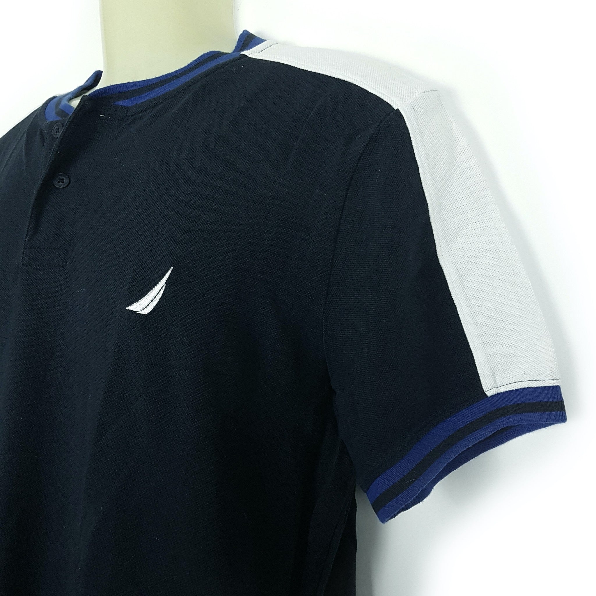 Nautica Casual Navy Blue White Short Sleeve Men's Collared Polo Shirt Top Medium