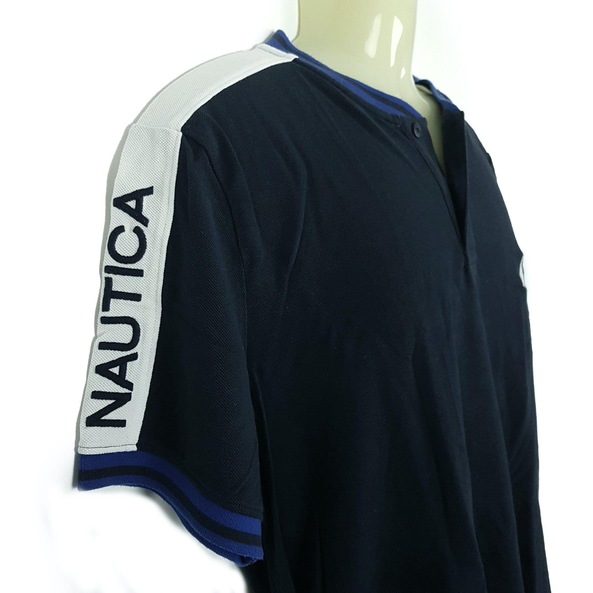 Nautica Casual Navy Blue White Short Sleeve Men's Collared Polo Shirt Top Medium