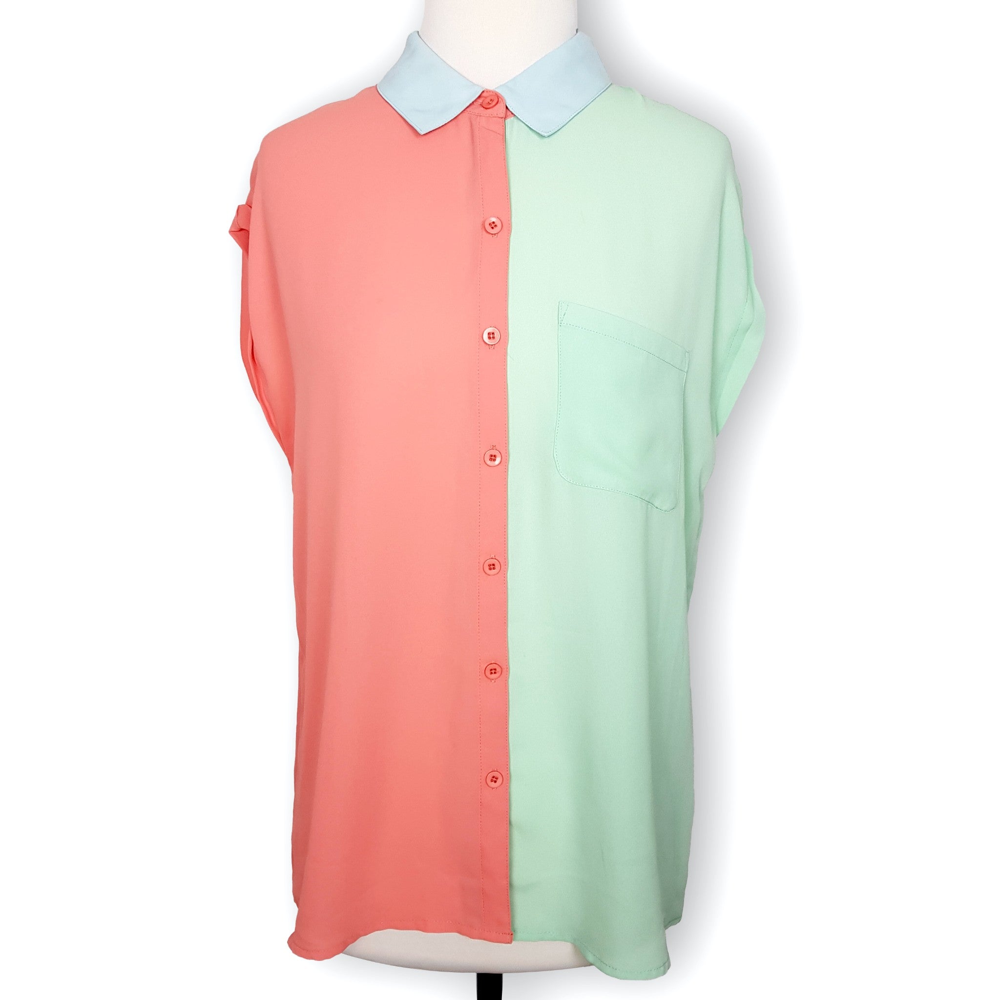 Sportsgirl Coral Pink Green Short Sleeve Women's Collared Blouse Top Button 8