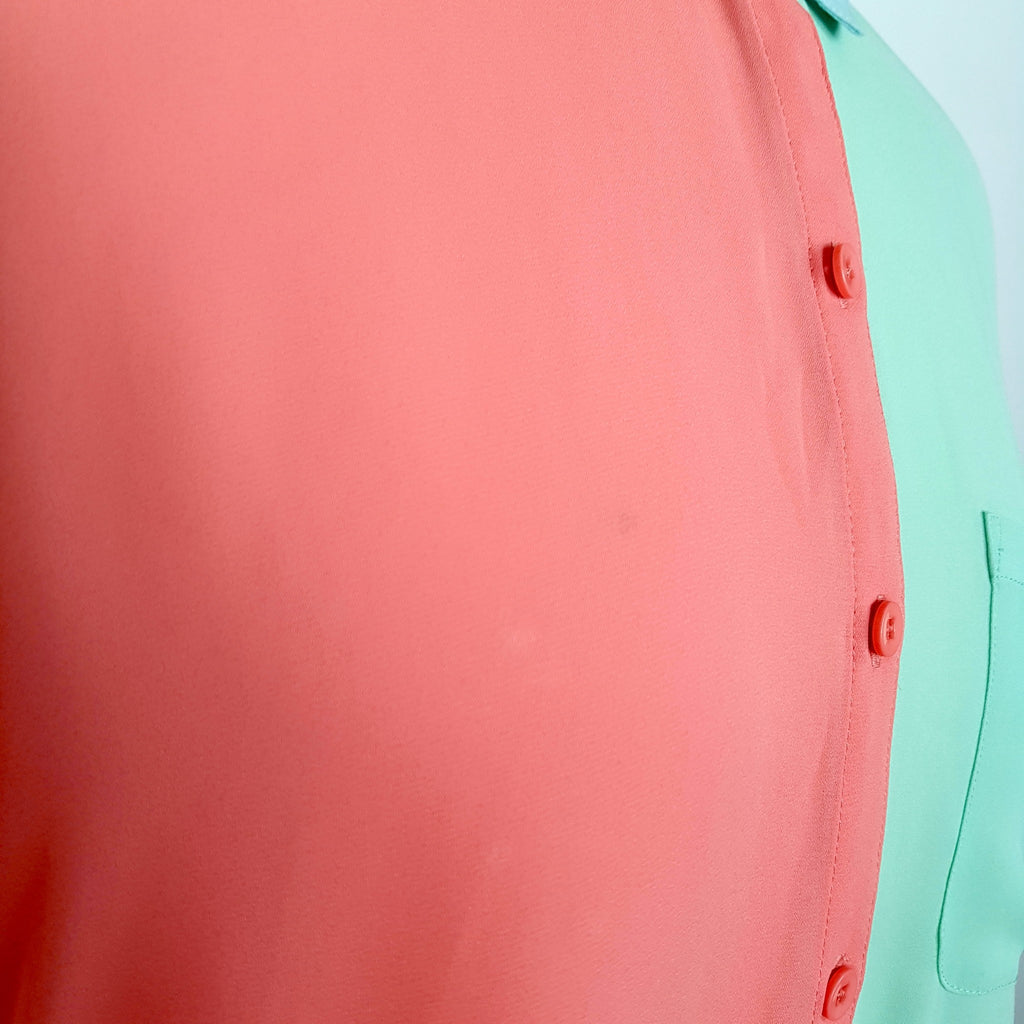 Sportsgirl Coral Pink Green Short Sleeve Women's Collared Blouse Top Button 8