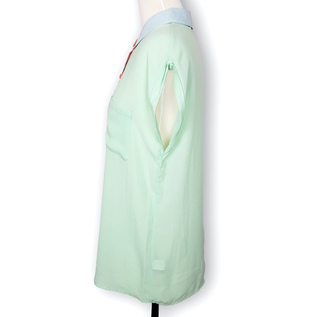 Sportsgirl Coral Pink Green Short Sleeve Women's Collared Blouse Top Button 8