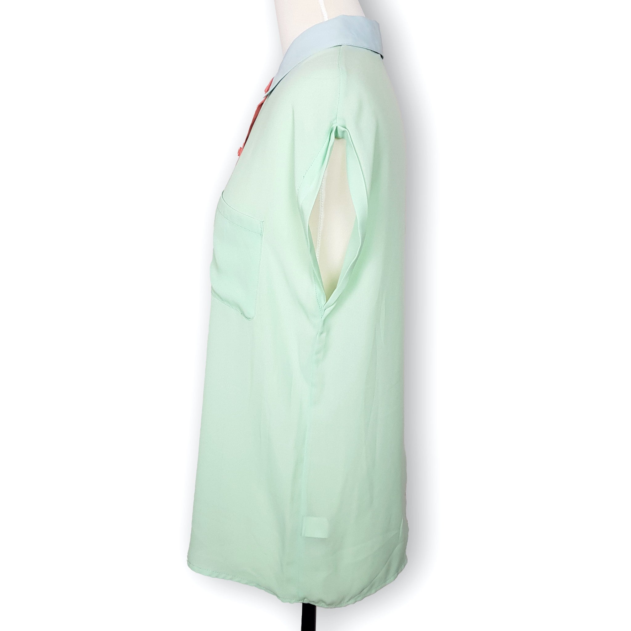 Sportsgirl Coral Pink Green Short Sleeve Women's Collared Blouse Top Button 8