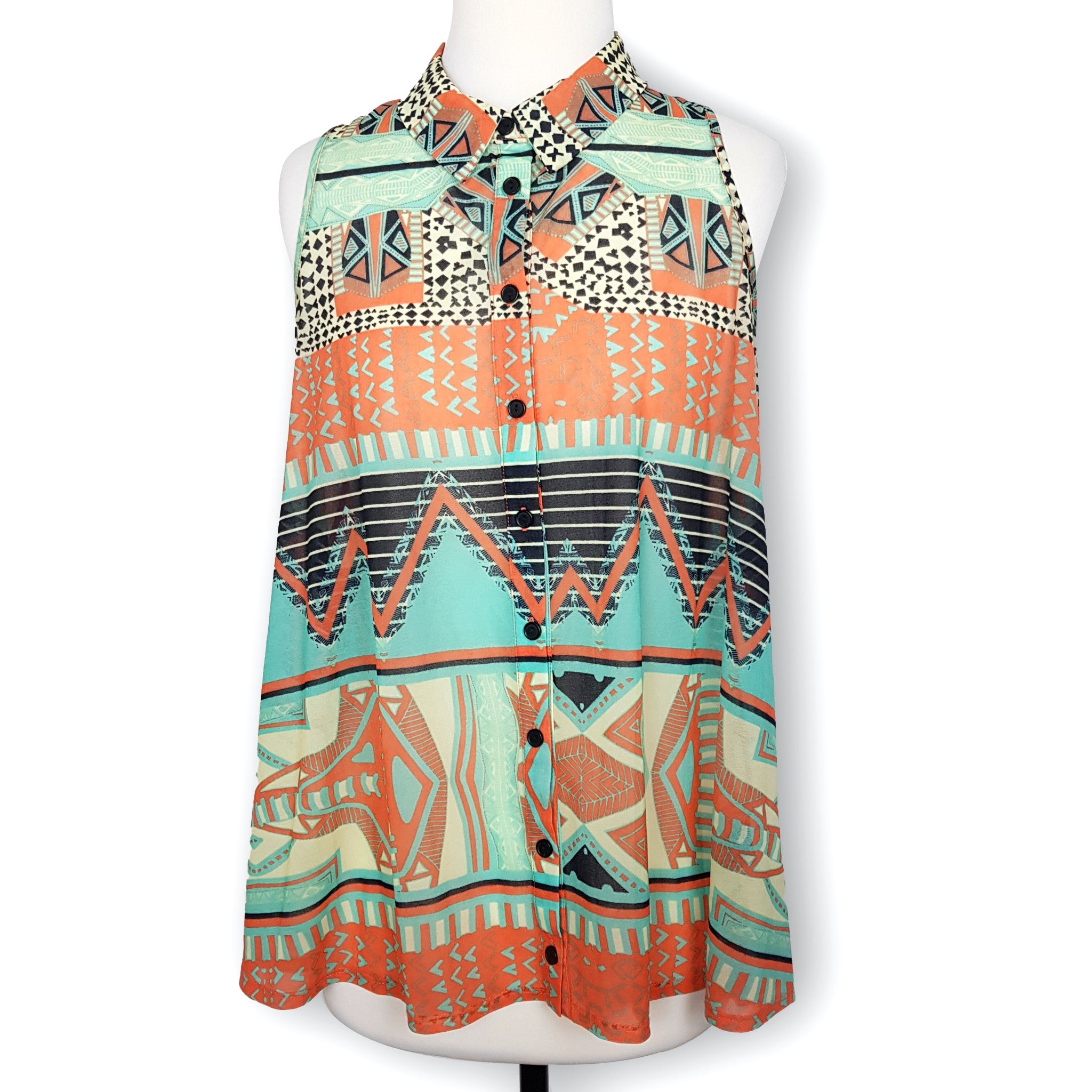 Sportsgirl Funky Aztec Retro Multicolour Sleeveless Button Women's Blouse Top S
