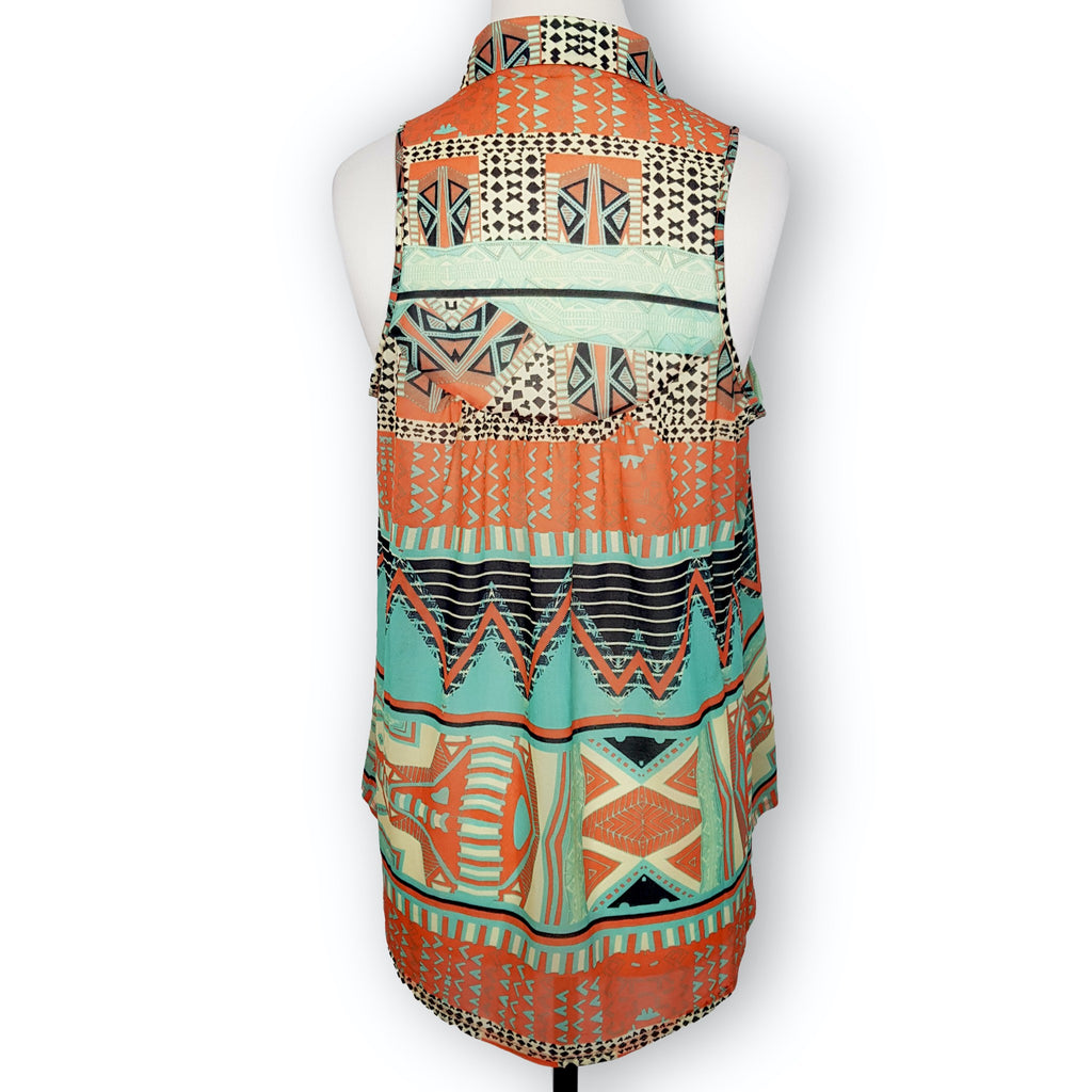 Sportsgirl Funky Aztec Retro Multicolour Sleeveless Button Women's Blouse Top S