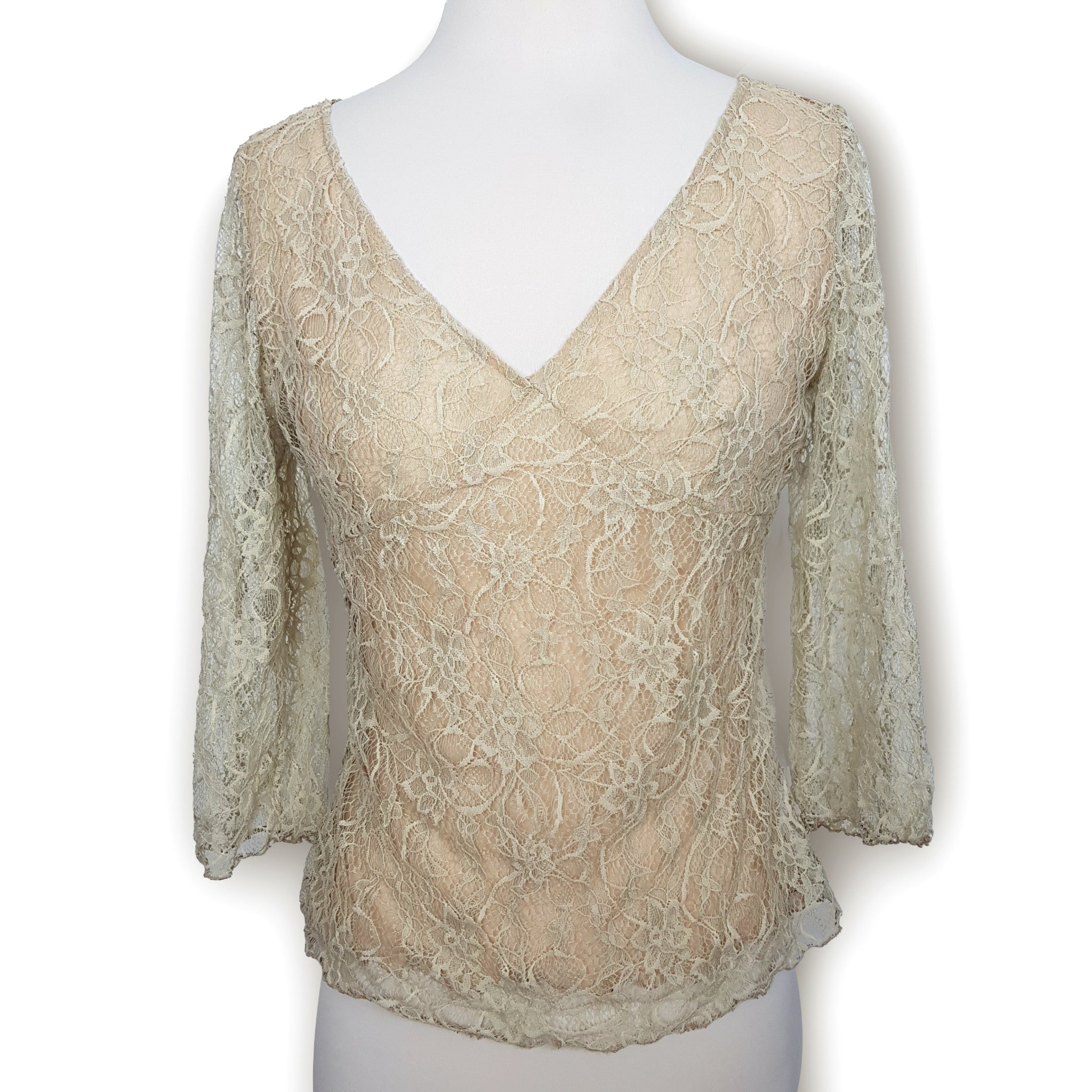 Studibaker Vintage Australian Beige Floral Lace 3/4 Sleeves Women's Blouse Top 8