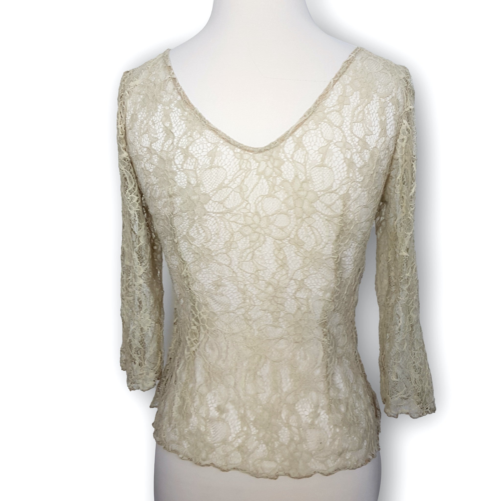 Studibaker Vintage Australian Beige Floral Lace 3/4 Sleeves Women's Blouse Top 8