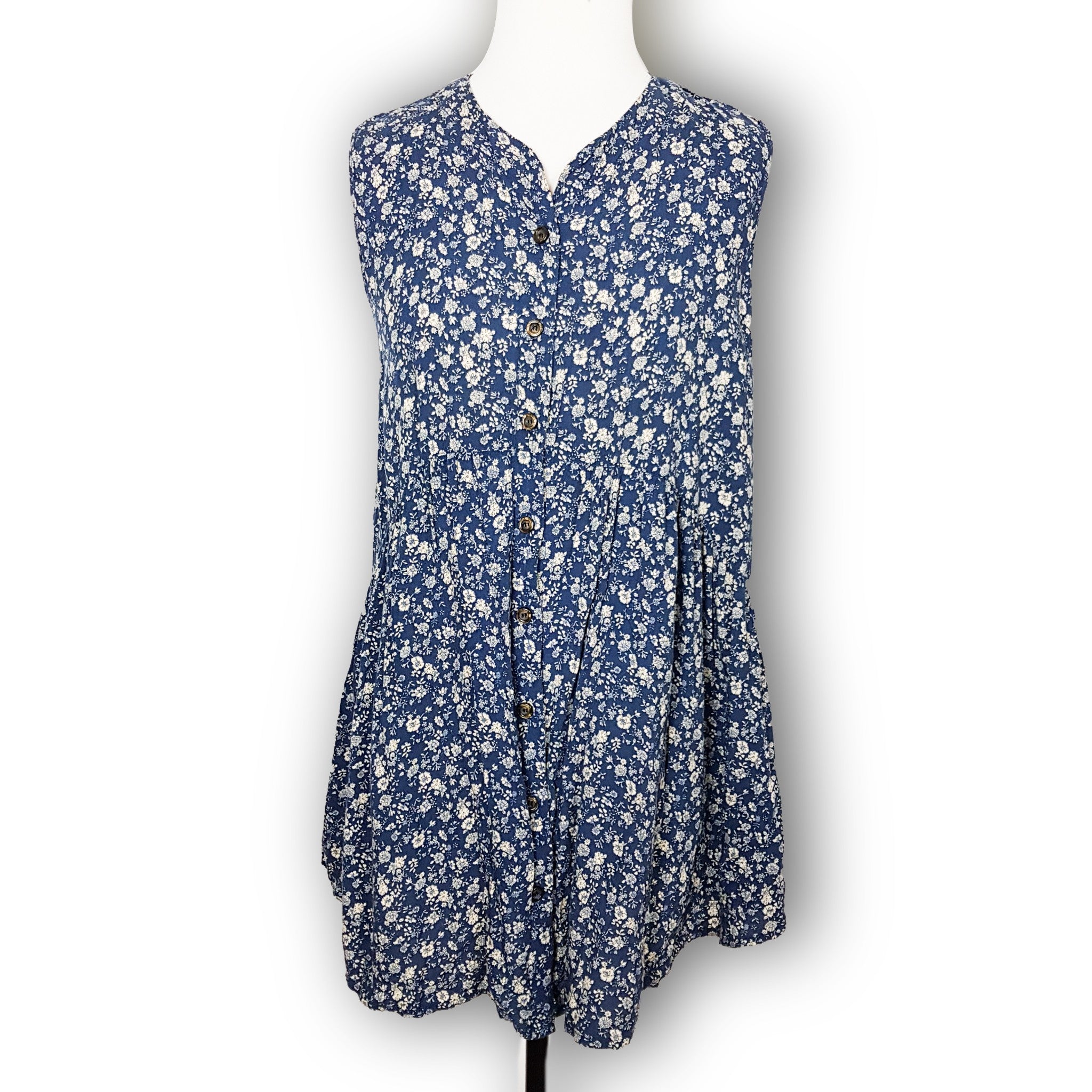 Casual Blue Beige Floral Sleeveless Button Down Women's Long Blouse Collared Top