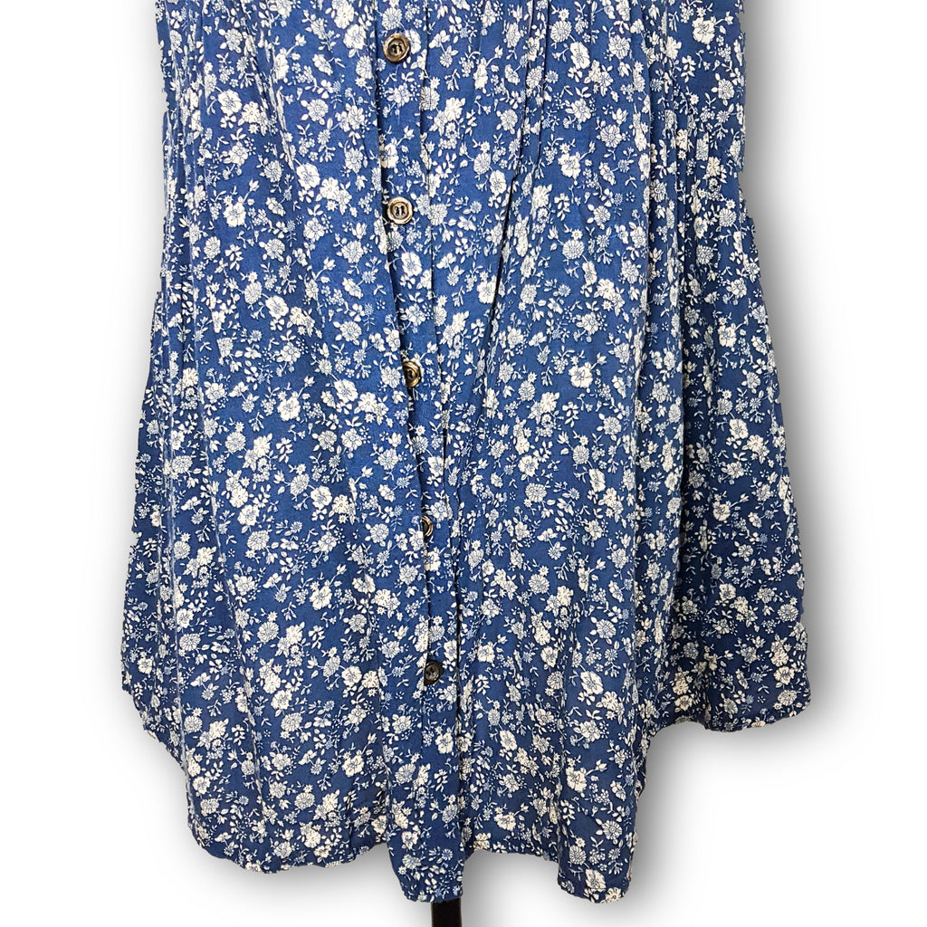 Casual Blue Beige Floral Sleeveless Button Down Women's Long Blouse Collared Top