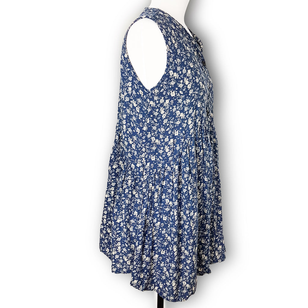 Casual Blue Beige Floral Sleeveless Button Down Women's Long Blouse Collared Top