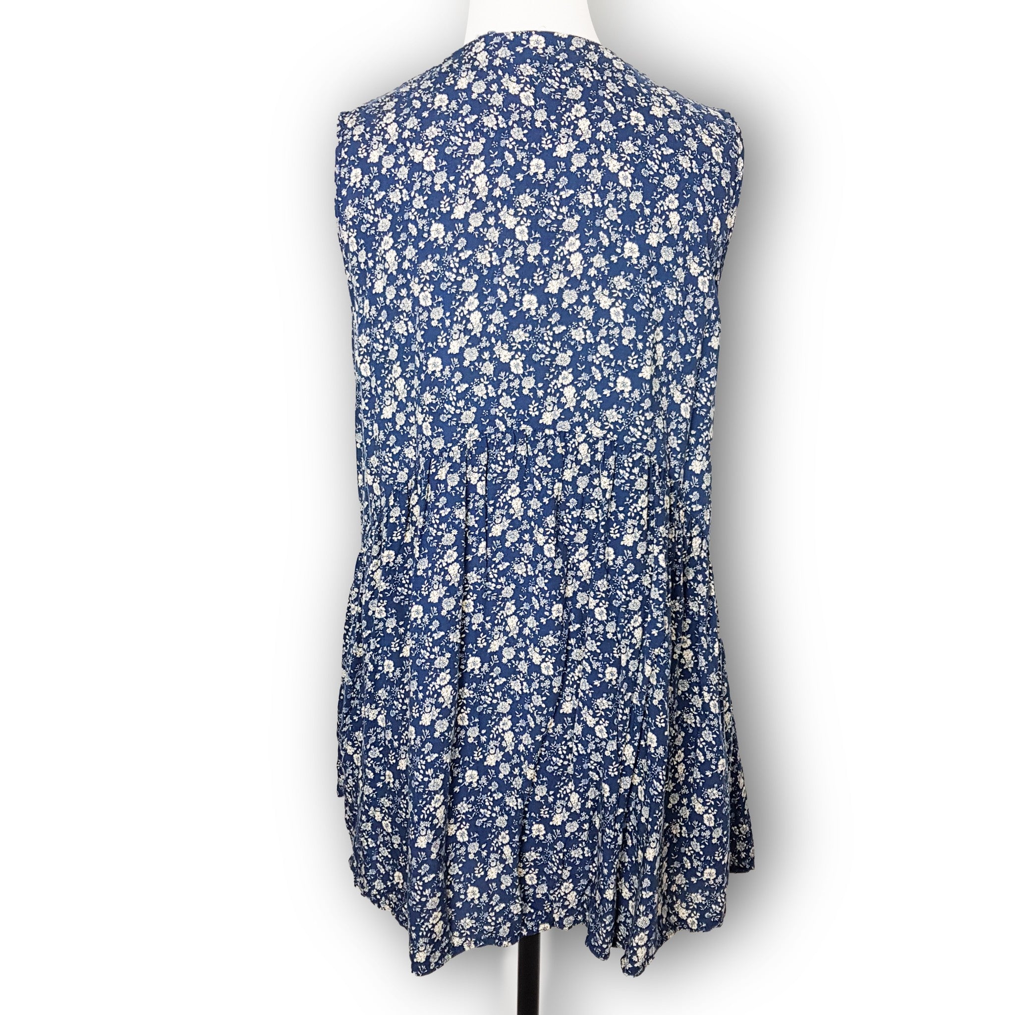Casual Blue Beige Floral Sleeveless Button Down Women's Long Blouse Collared Top