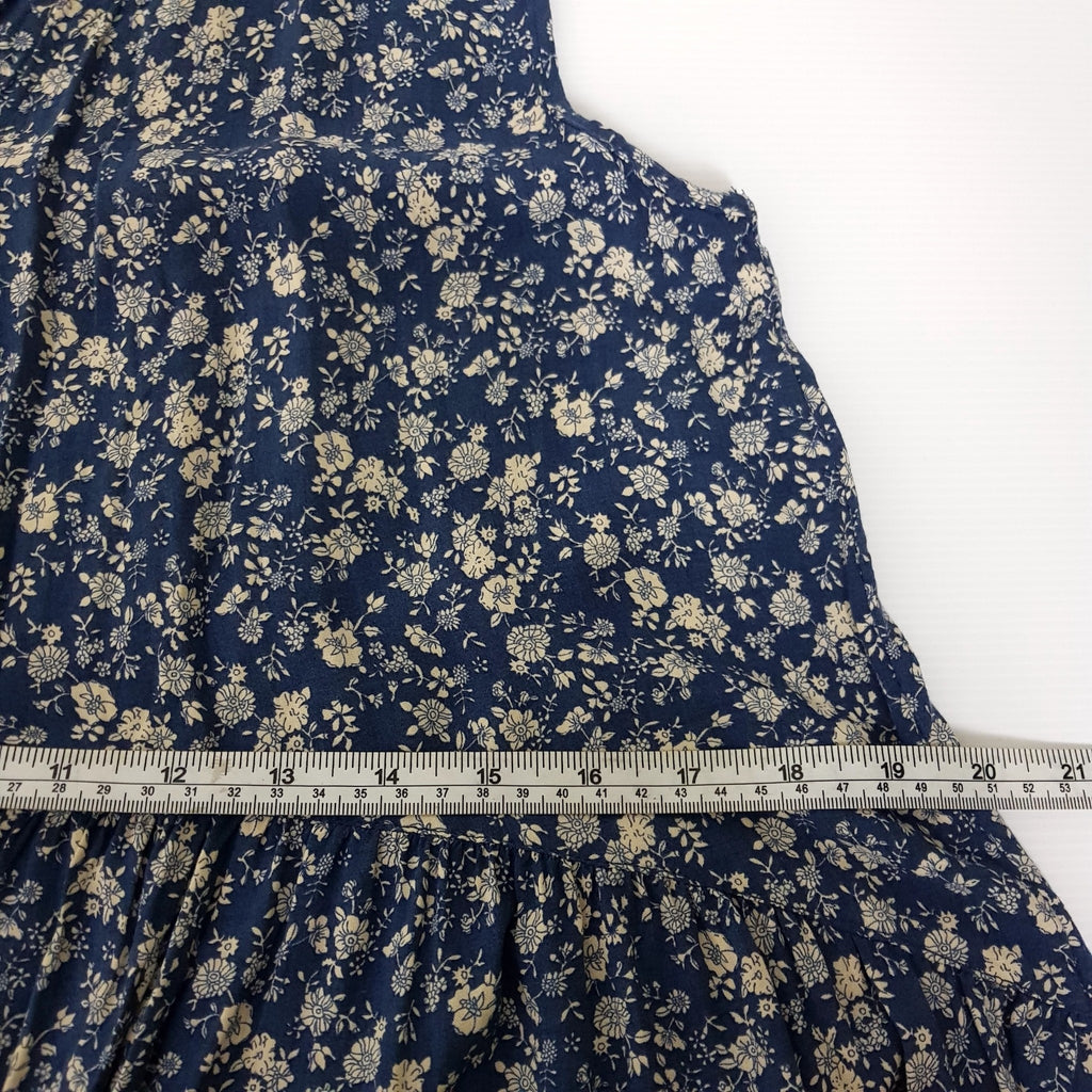 Casual Blue Beige Floral Sleeveless Button Down Women's Long Blouse Collared Top