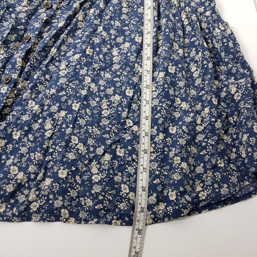 Casual Blue Beige Floral Sleeveless Button Down Women's Long Blouse Collared Top