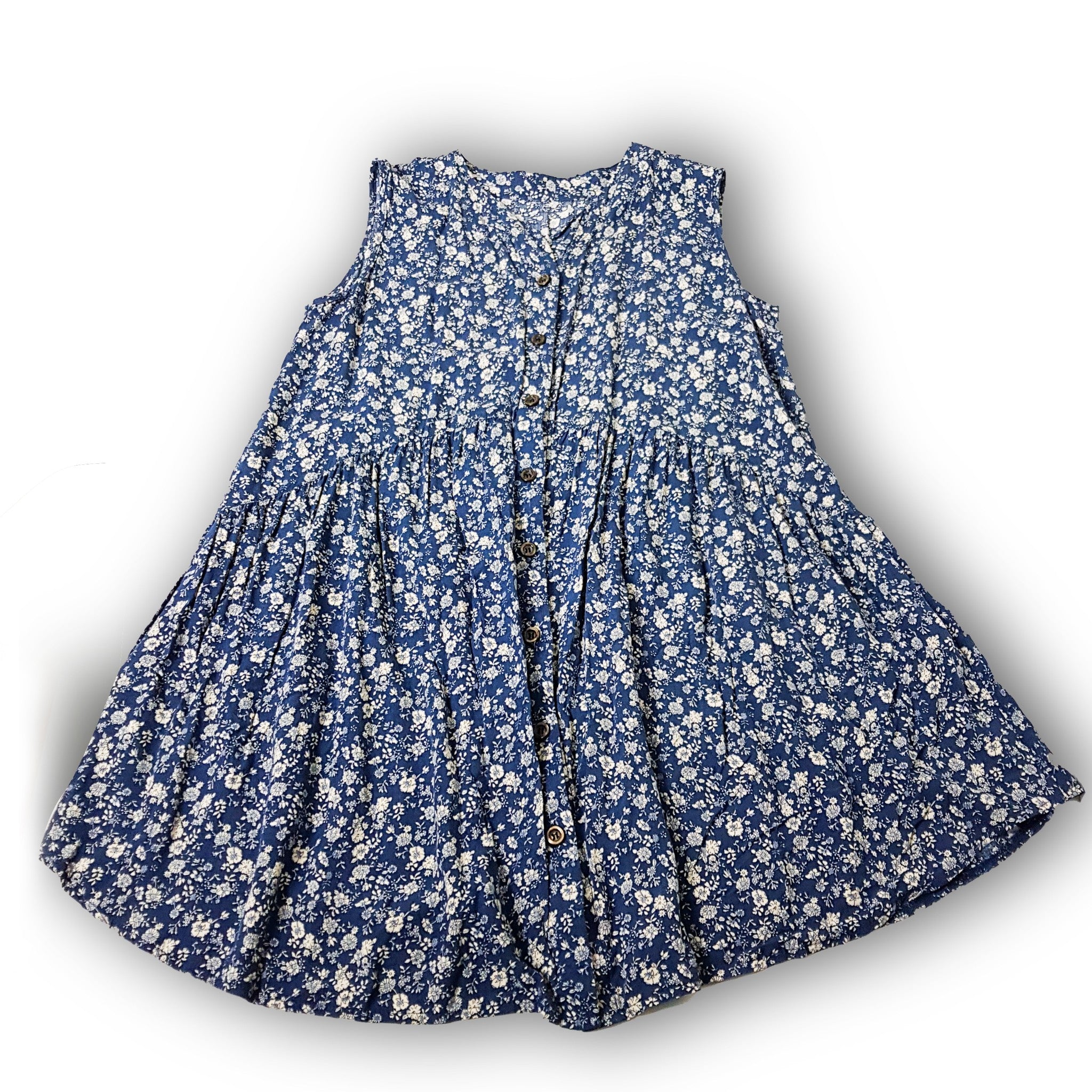 Casual Blue Beige Floral Sleeveless Button Down Women's Long Blouse Collared Top