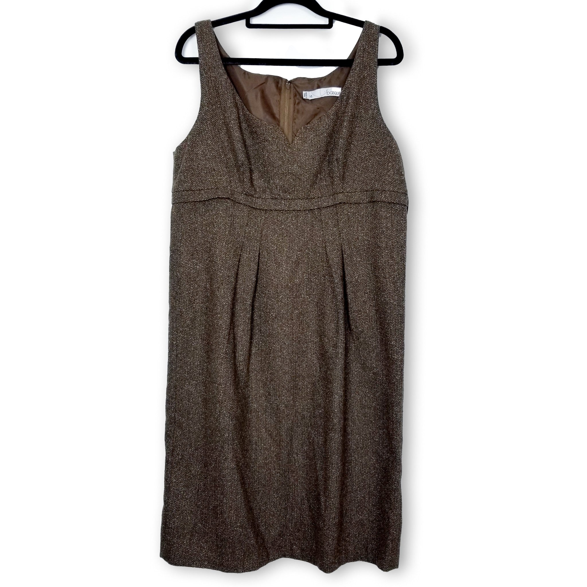 Basque Women's Brown Wool Dress 14 Sleeveless Sheath Tweed Workwear Officewear