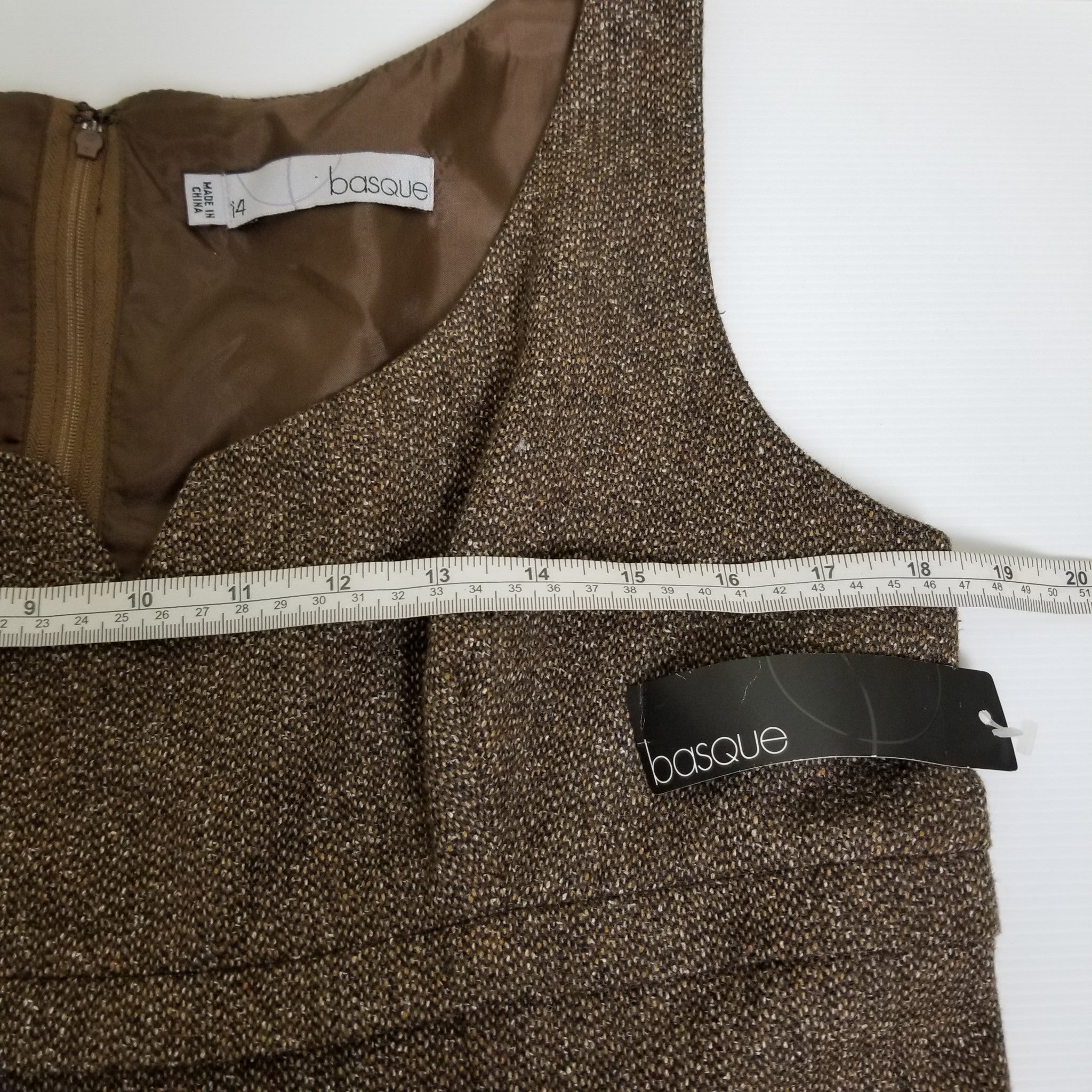 Basque Women's Brown Wool Dress 14 Sleeveless Sheath Tweed Workwear Officewear