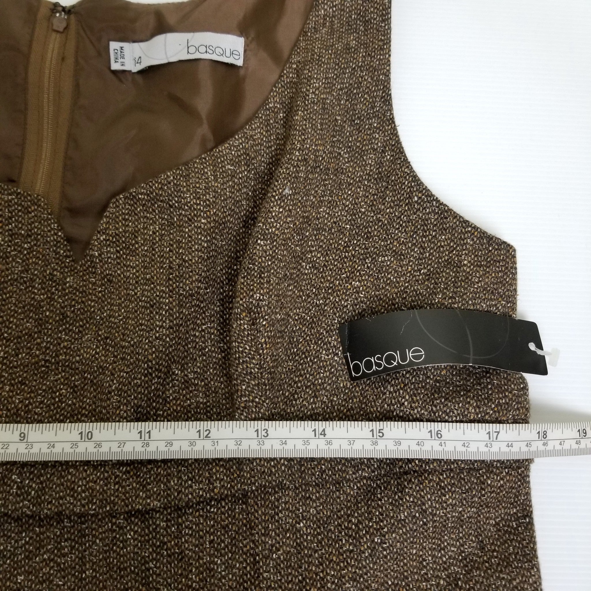 Basque Women's Brown Wool Dress 14 Sleeveless Sheath Tweed Workwear Officewear