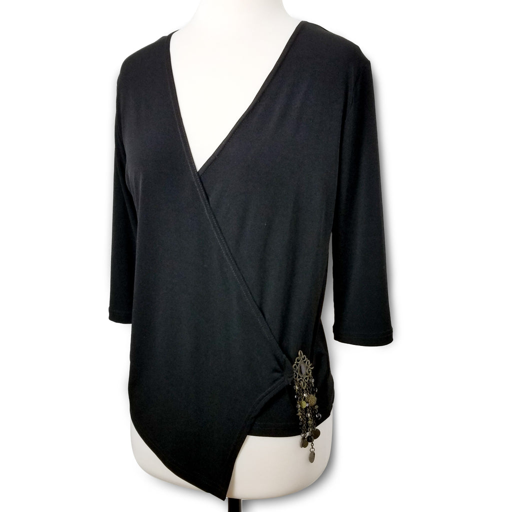 Miss Me Black Wrap Around Women's Blouse Top Asymmetrical Hem 3/4 Sleeves Small