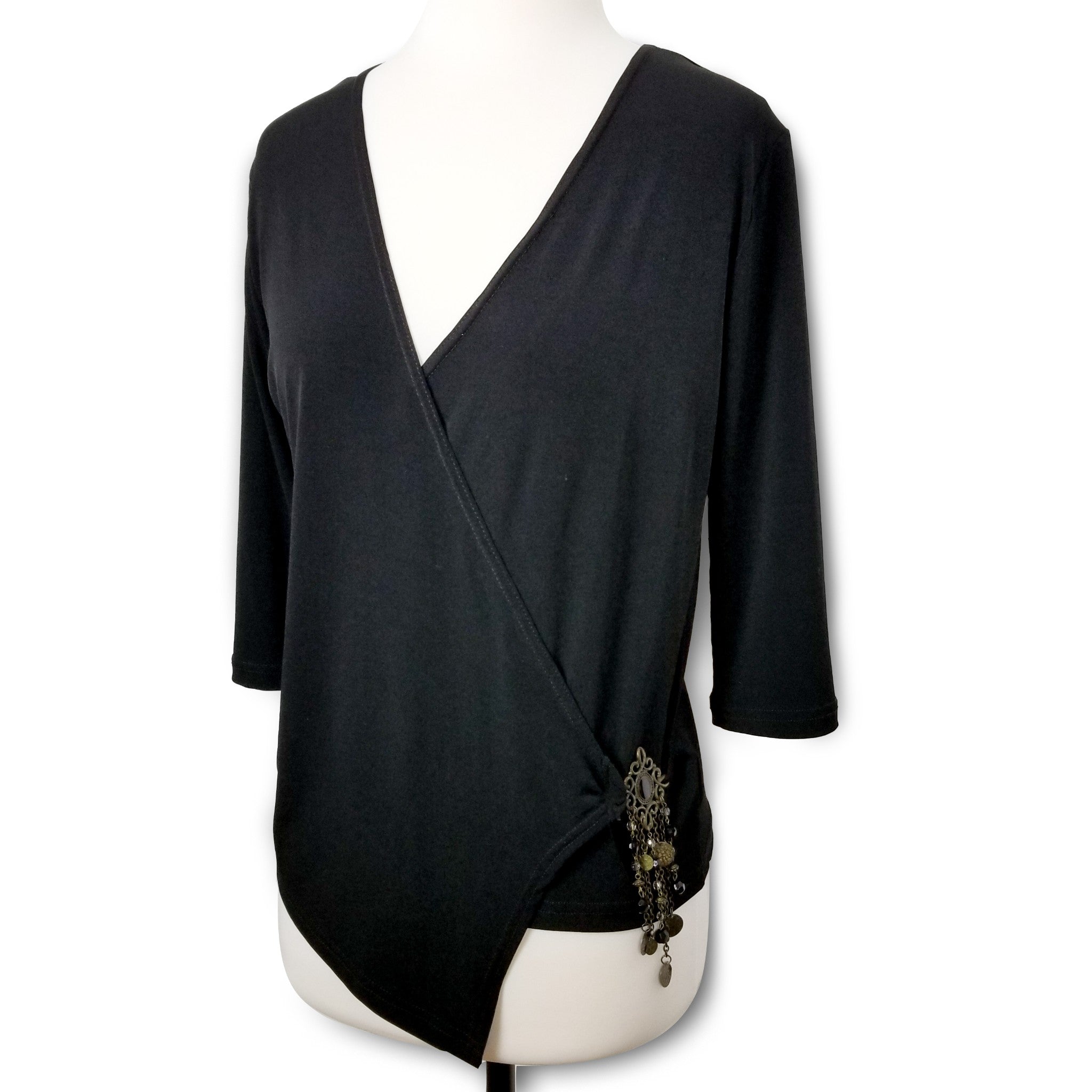 Miss Me Black Wrap Around Women's Blouse Top Asymmetrical Hem 3/4 Sleeves Small