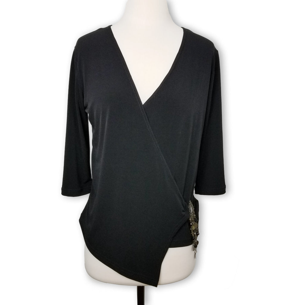 Miss Me Black Wrap Around Women's Blouse Top Asymmetrical Hem 3/4 Sleeves Small